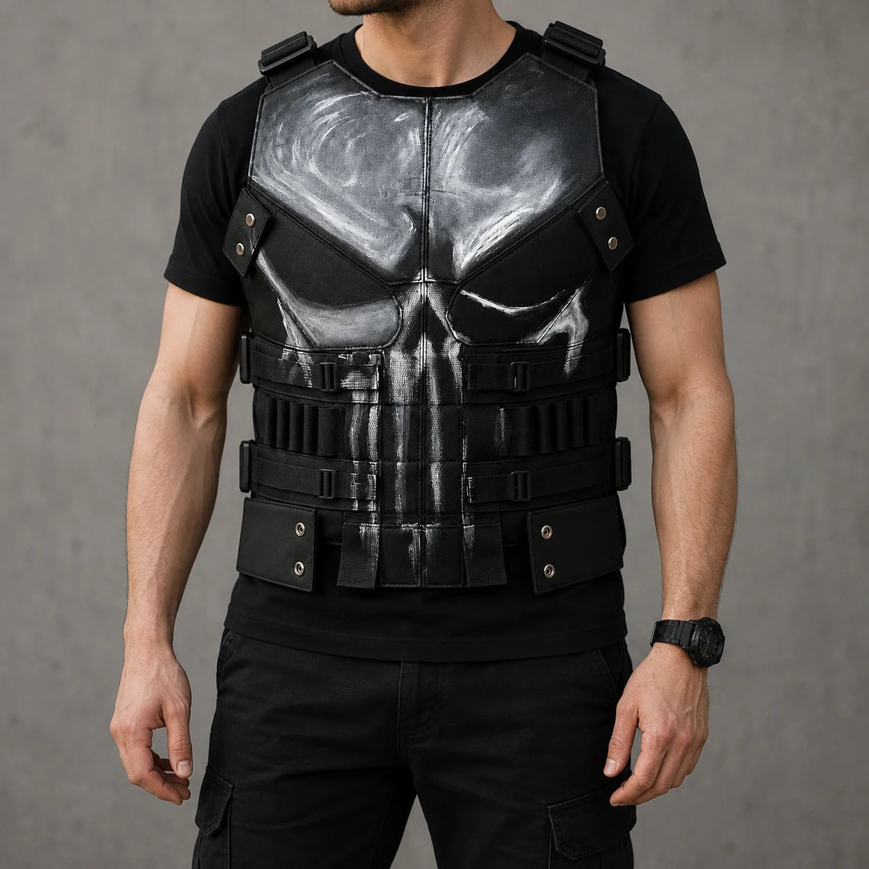 Punisher Inspired Skull Tactical Vest Real Leather Body Armor  Halloween Costume