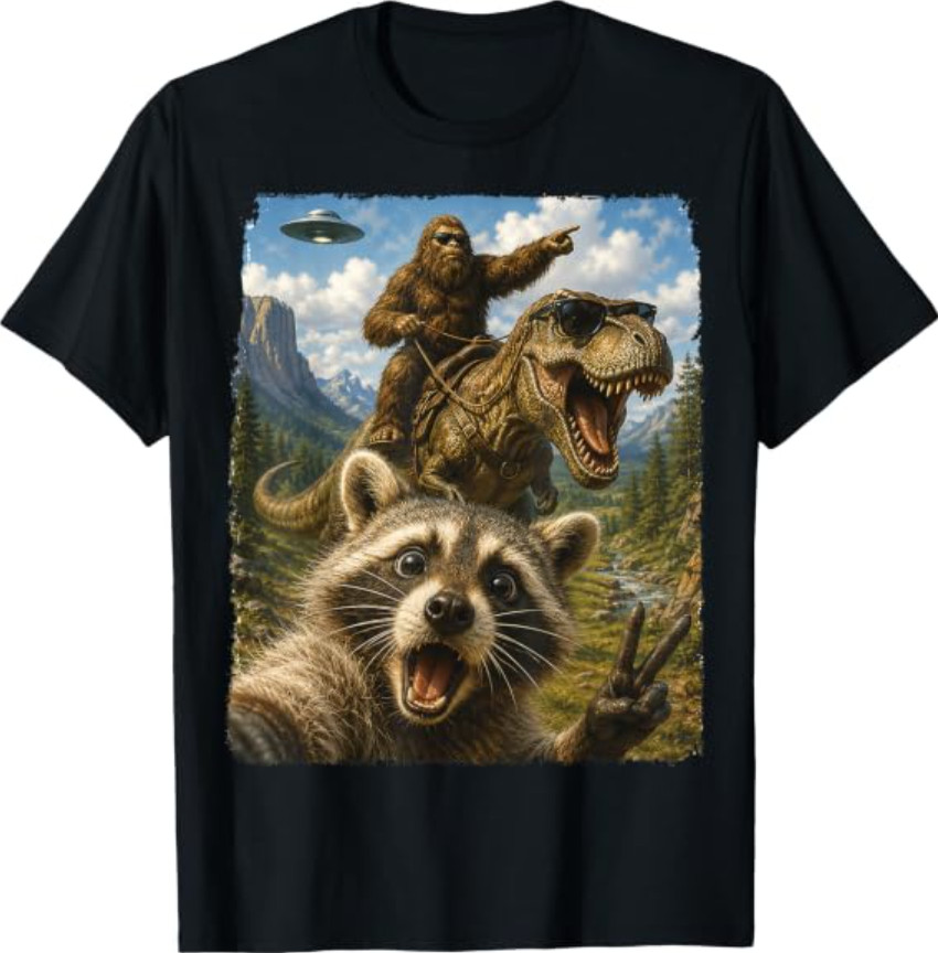 Raccoon Selfie Bigfoot T Rex UFO Funny Gifts T-Shirt