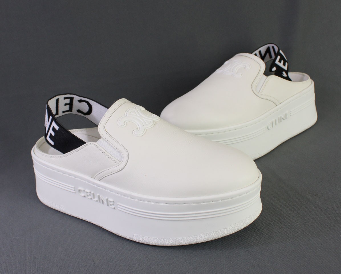 Celine Auth NWOB Women\'s White Block Wedge Slingback Sneaker Shoe 38 8