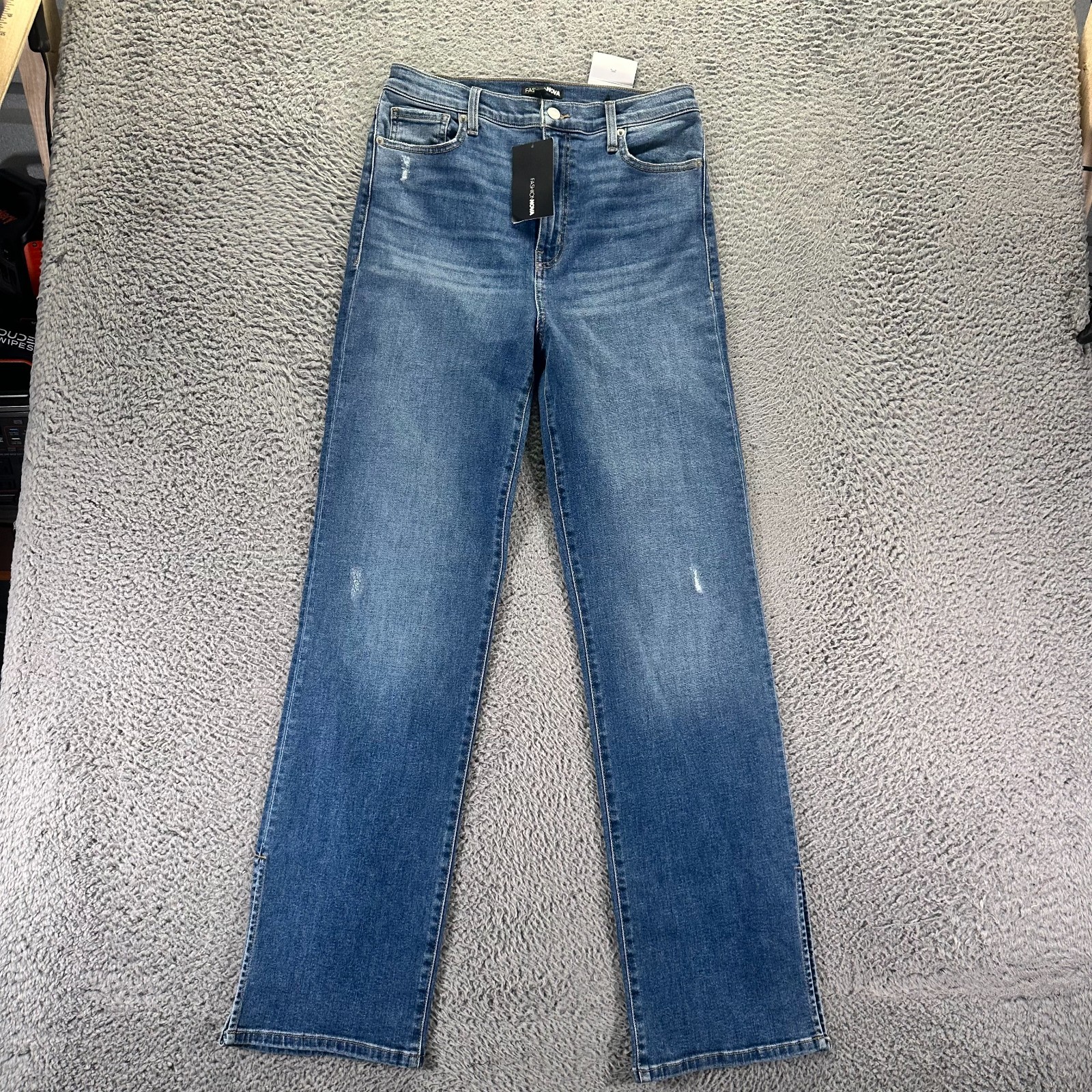 Fashion Nova Jeans Women 13 Blue Cotton Denim Straight Workwear Slit Hem Stretch