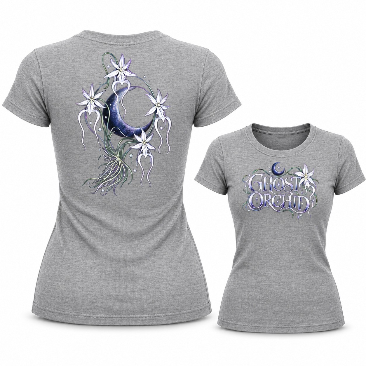 Crescent Moon Ghost Orchid Flowers Fantasy Graphic Front & Back Womens Baby Tee