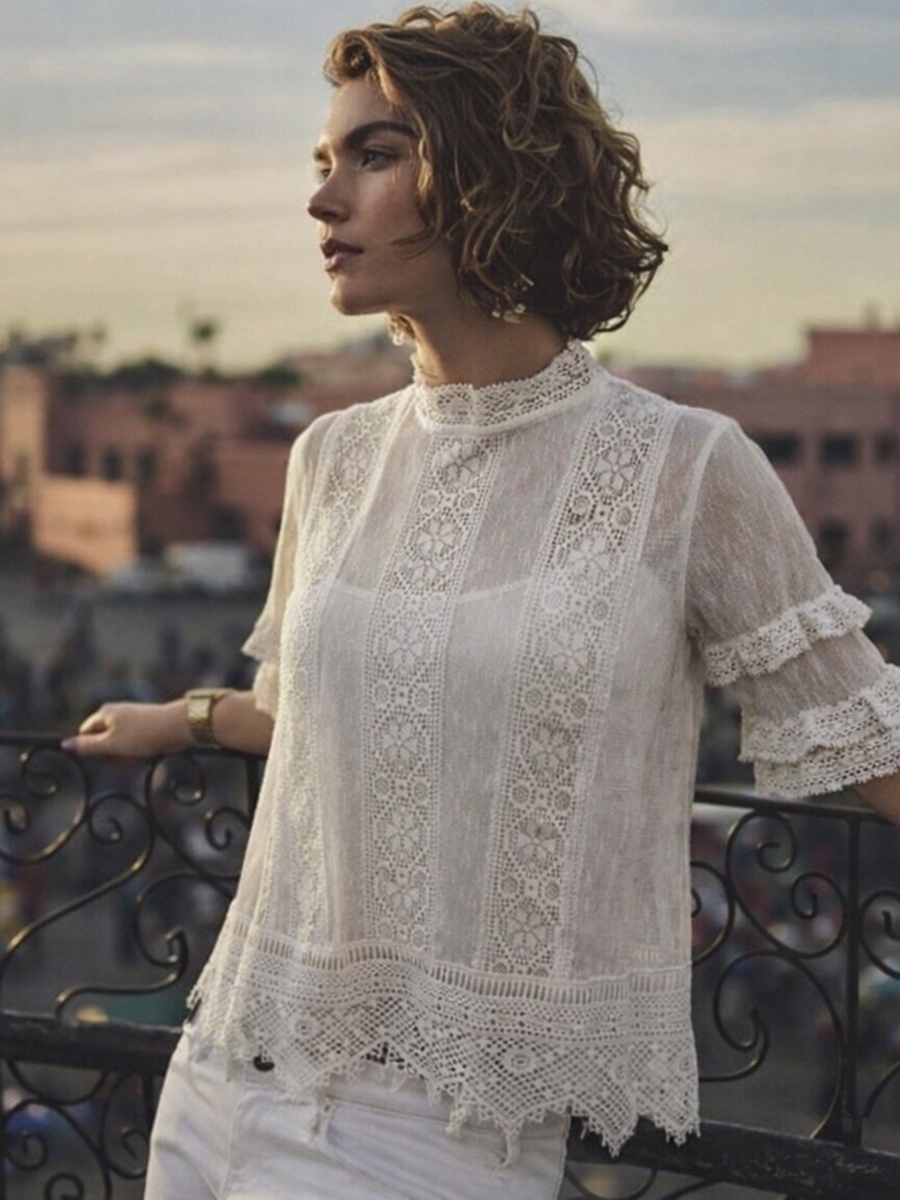 MEDIUM Anthropologie White Mesh Lace Blouse w/ Camisole NWOT