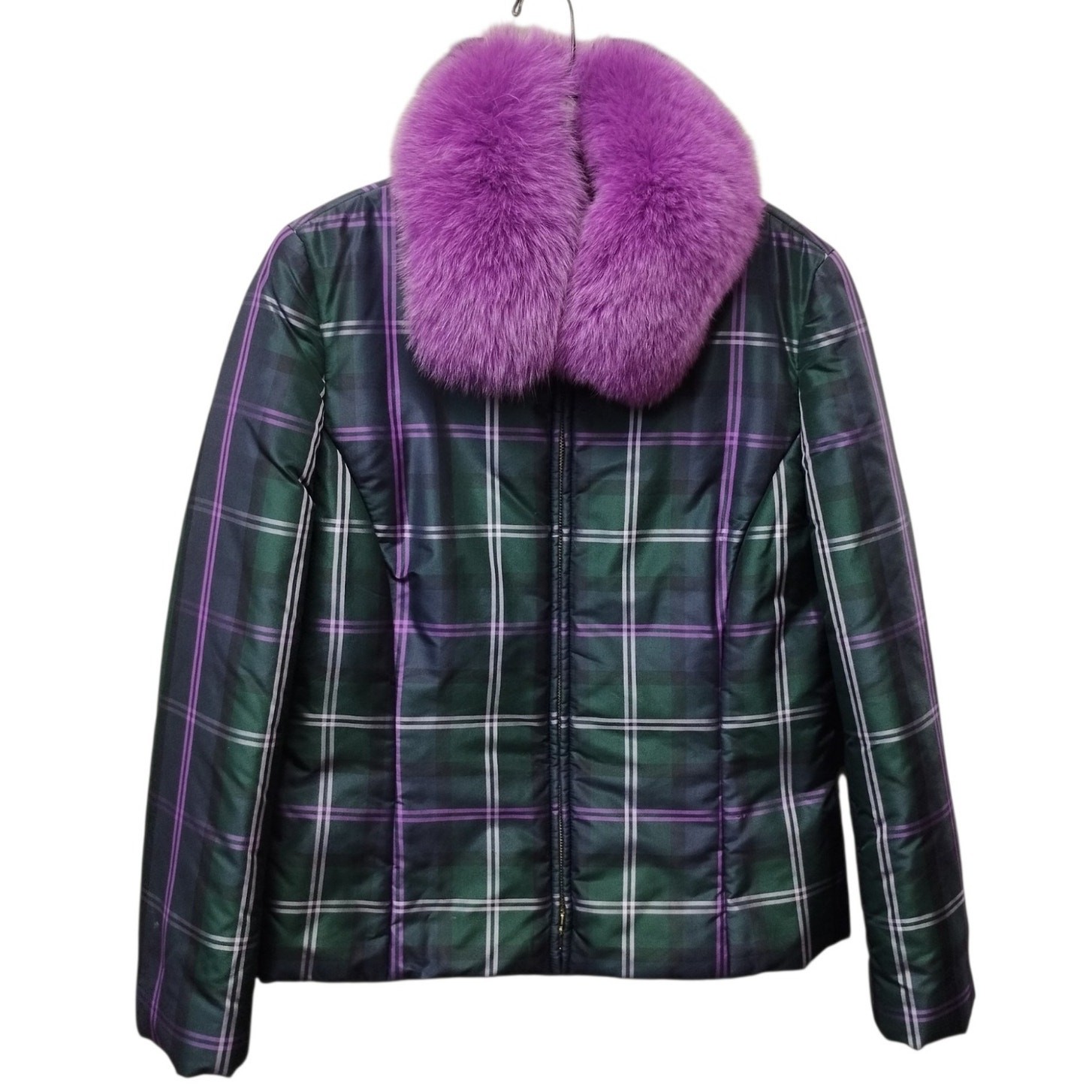 Carlisle Womens Fur Collar Plaid Silk Full Zip Jacket 10 Indie Sleeze Bratz