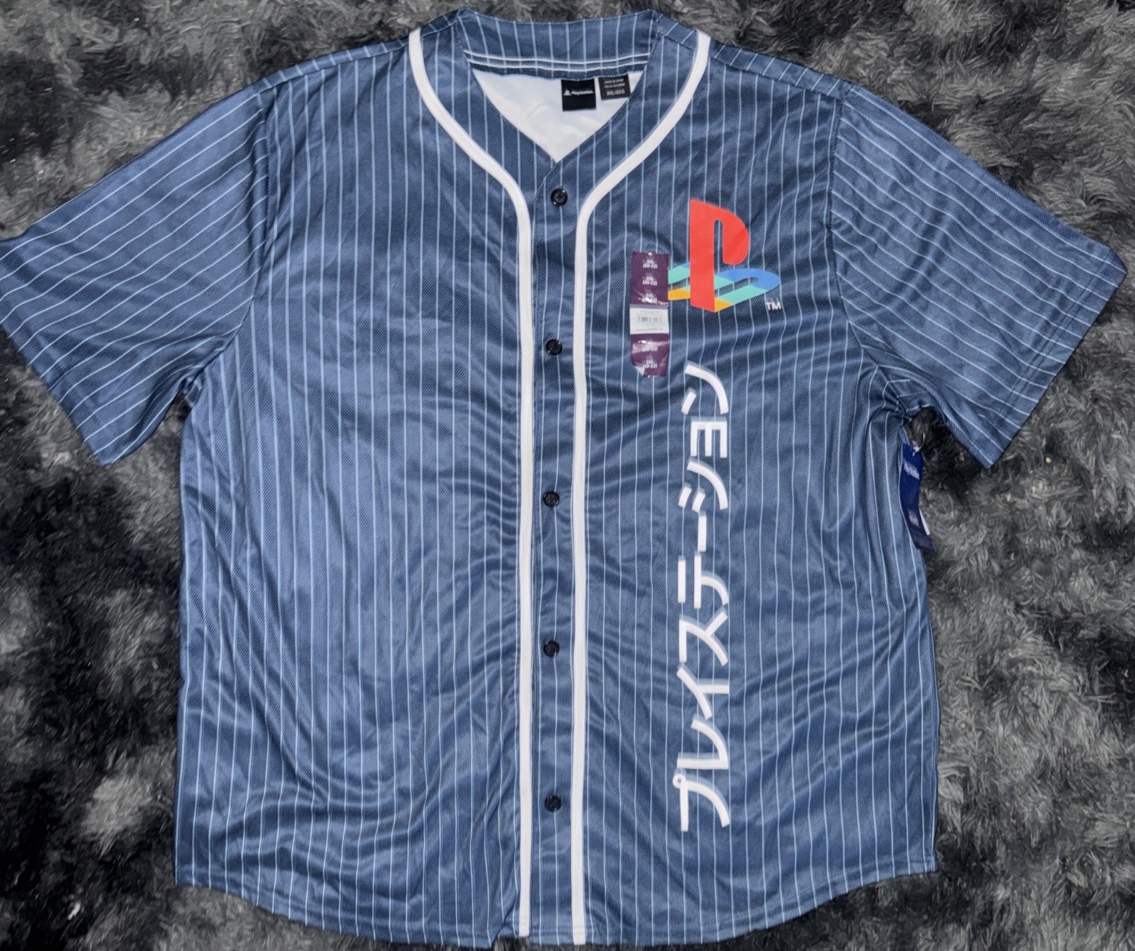 PlayStation Vertical Kanji Logo Baseball Jersey Mens 2XL Blue Button-Up NWT