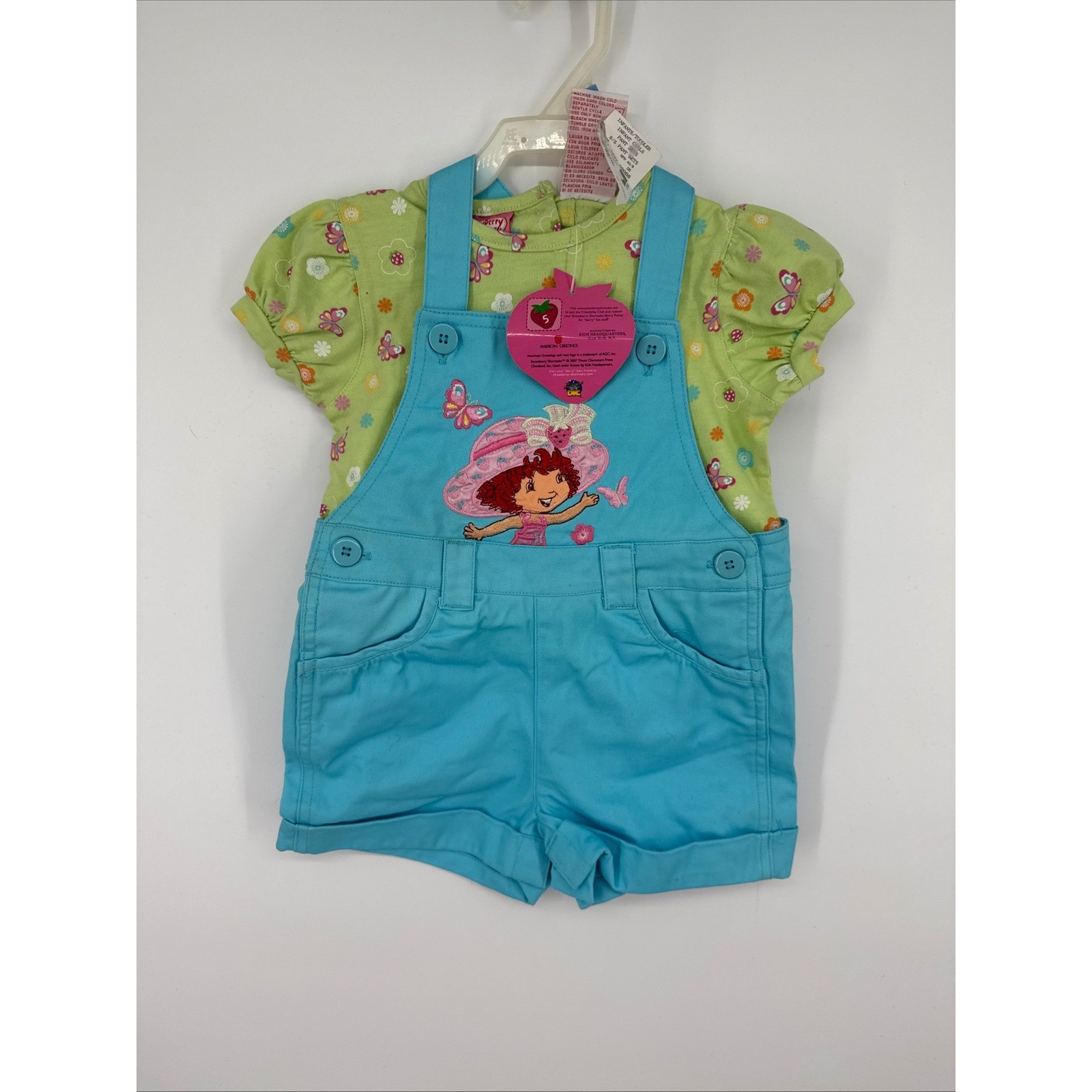 VTG Y2K Strawberry Shortcake 24M 3pc Blue Shortalls Green Floral Shirt Hat NWT