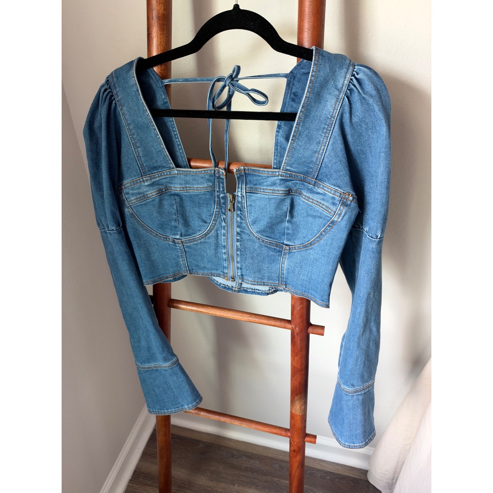NWT Rehab Lab Blue Denim Corset Crop Top Puff Sleeve Zip Front Medium Wash L