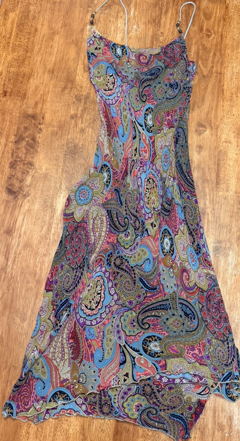 Vintage Y2K Laundry Shelli Segal Silk Paisley Slip Halter Ruched Dress Fairy 12