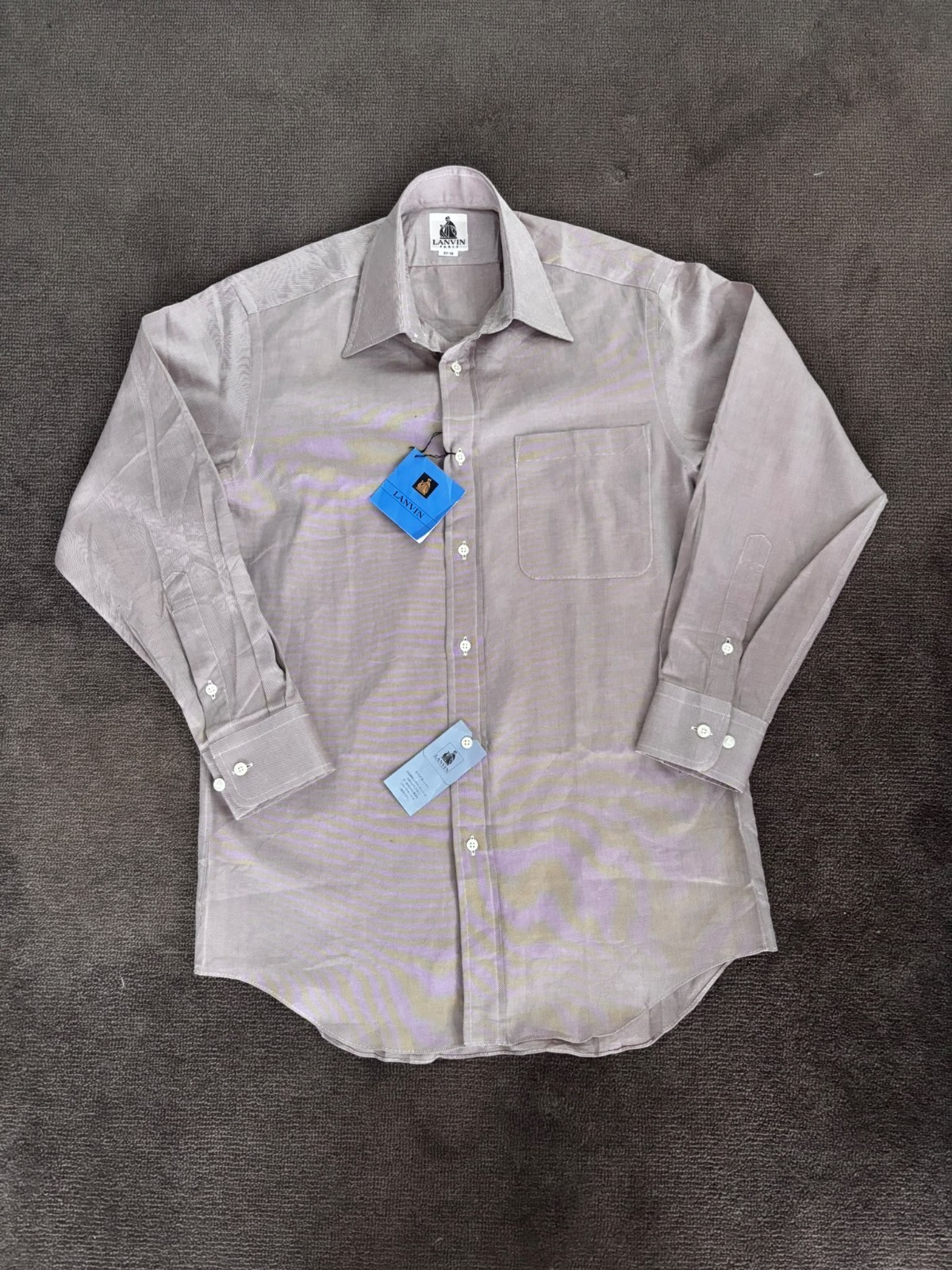 NWT Vintage Lanvin Paris Mens Long Sleeve Dress Shirt Light Brown Grey Twill M