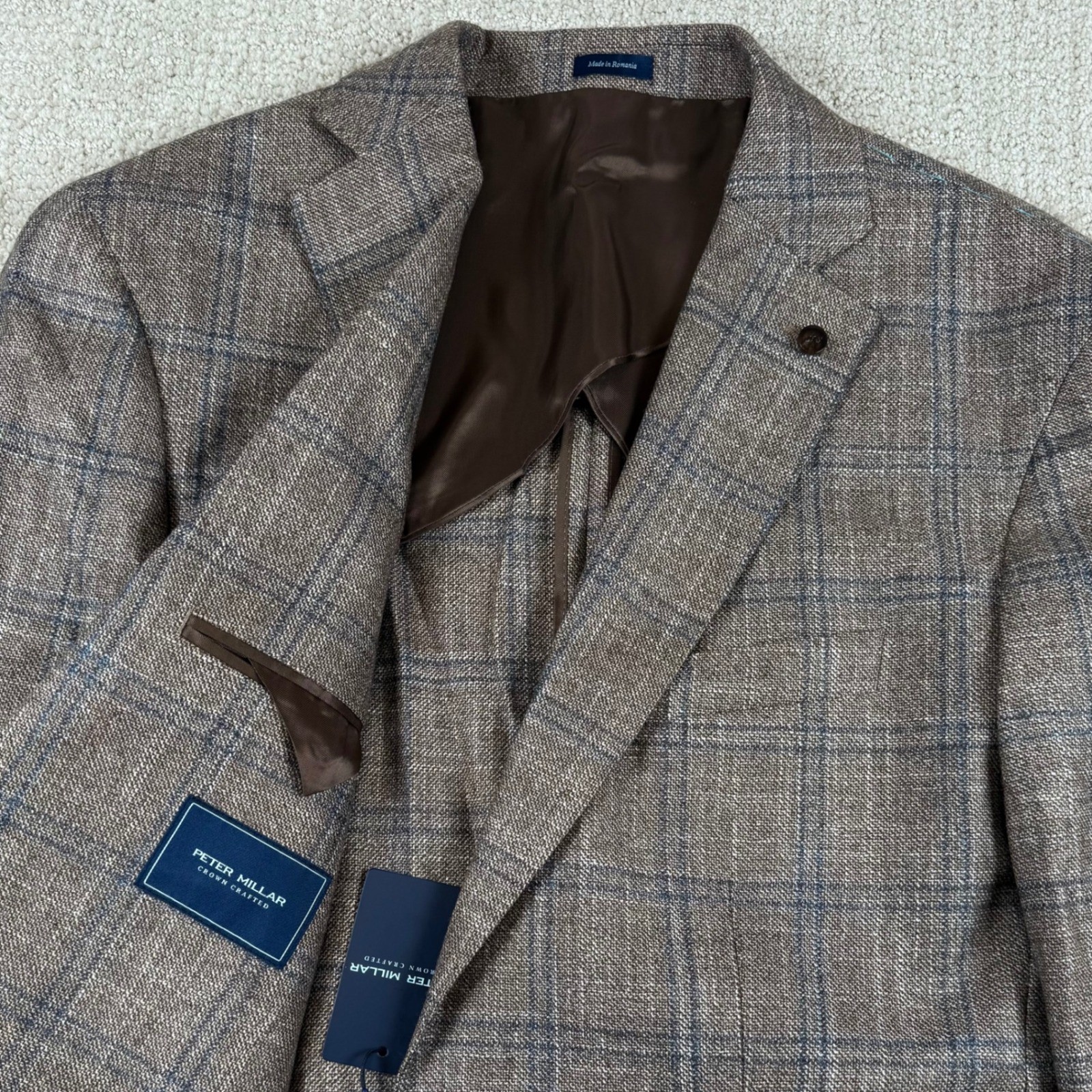 NEW Peter Millar Mens 44R Walnut Plaid Crown Crafted Wool Silk Cashmere Blazer