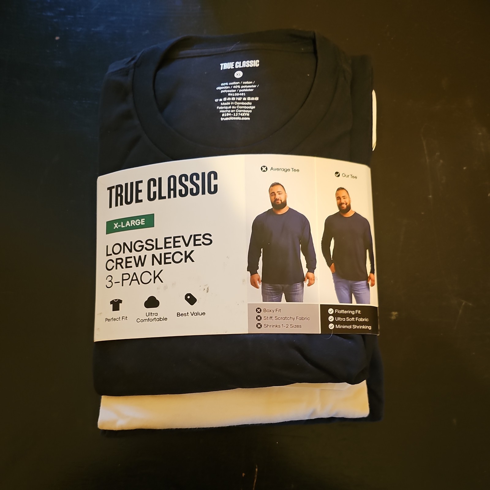 NWT True Classic Tees Classic Long Sleeve Crew Neck (3‑Pack Black White Navy XL 