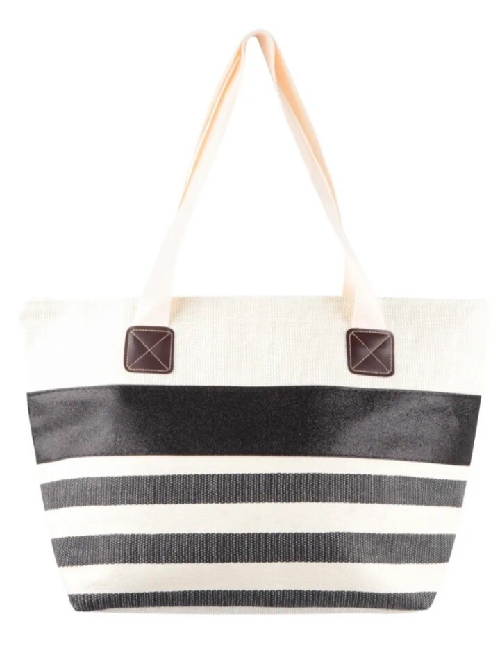 Black Ivory Off Cream White Striped ￼Tote Canvas ￼Handbag