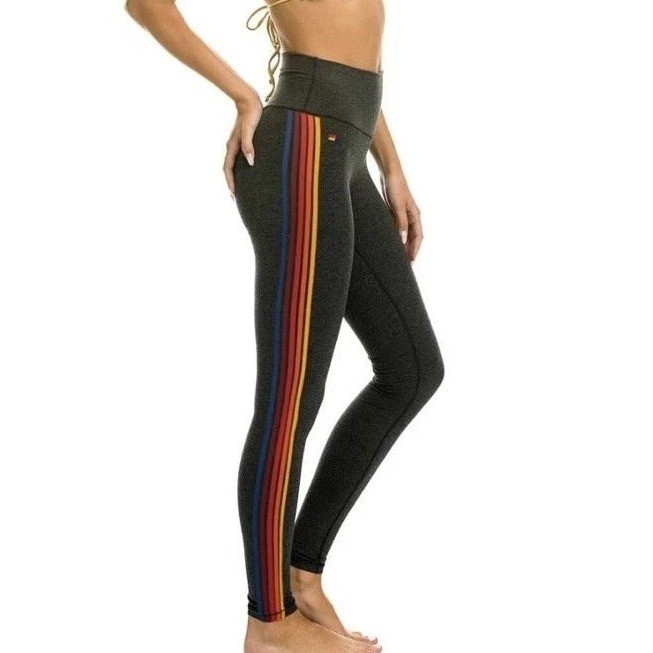 Aviator Nation Womens Rainbow 5 Stripe Leggings Size L Charcoal Hi Rise Active