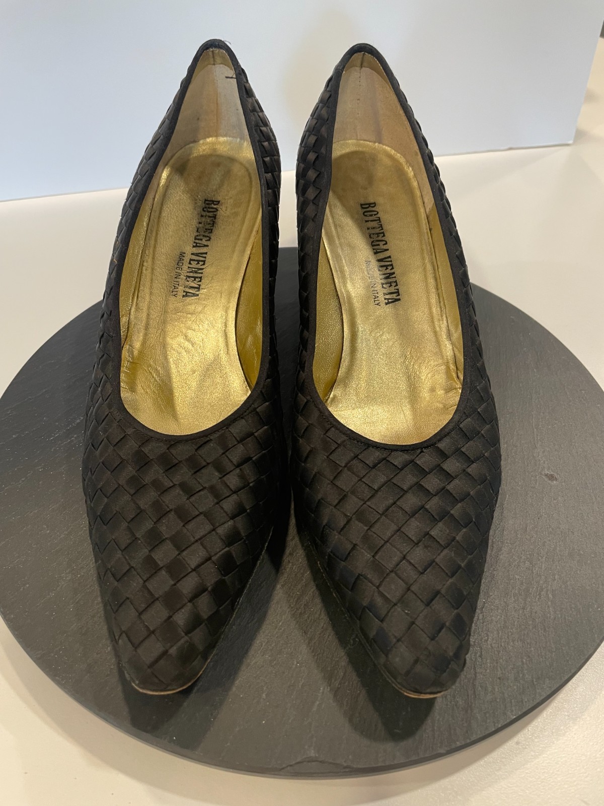 Rare Vintage Bottega Veneta Black Silk Satin Woven Heels Pumps Italy Size 10
