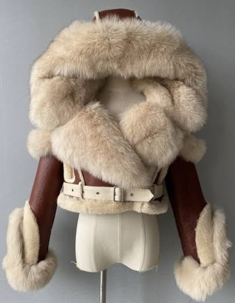 Luxury Women’s Fur Jacket – Fox Fur Hooded Belted Sheep Shearling Leather Coat