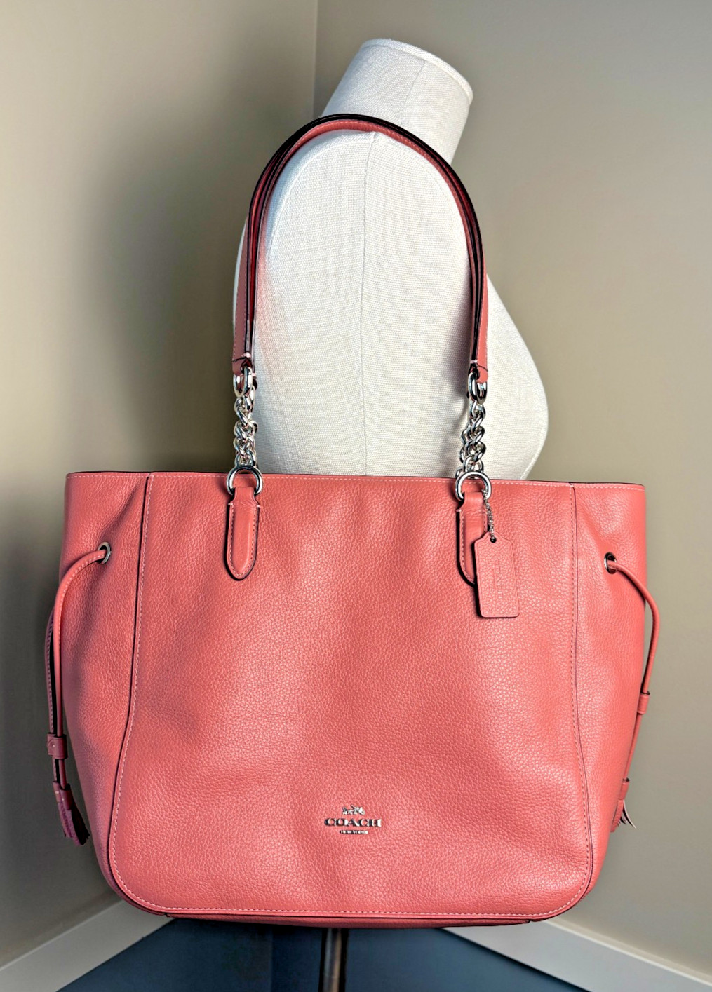 Authentic COACH #F72650 Leather Elle Chain Tote Bag Dusty Pink Purse Handbag