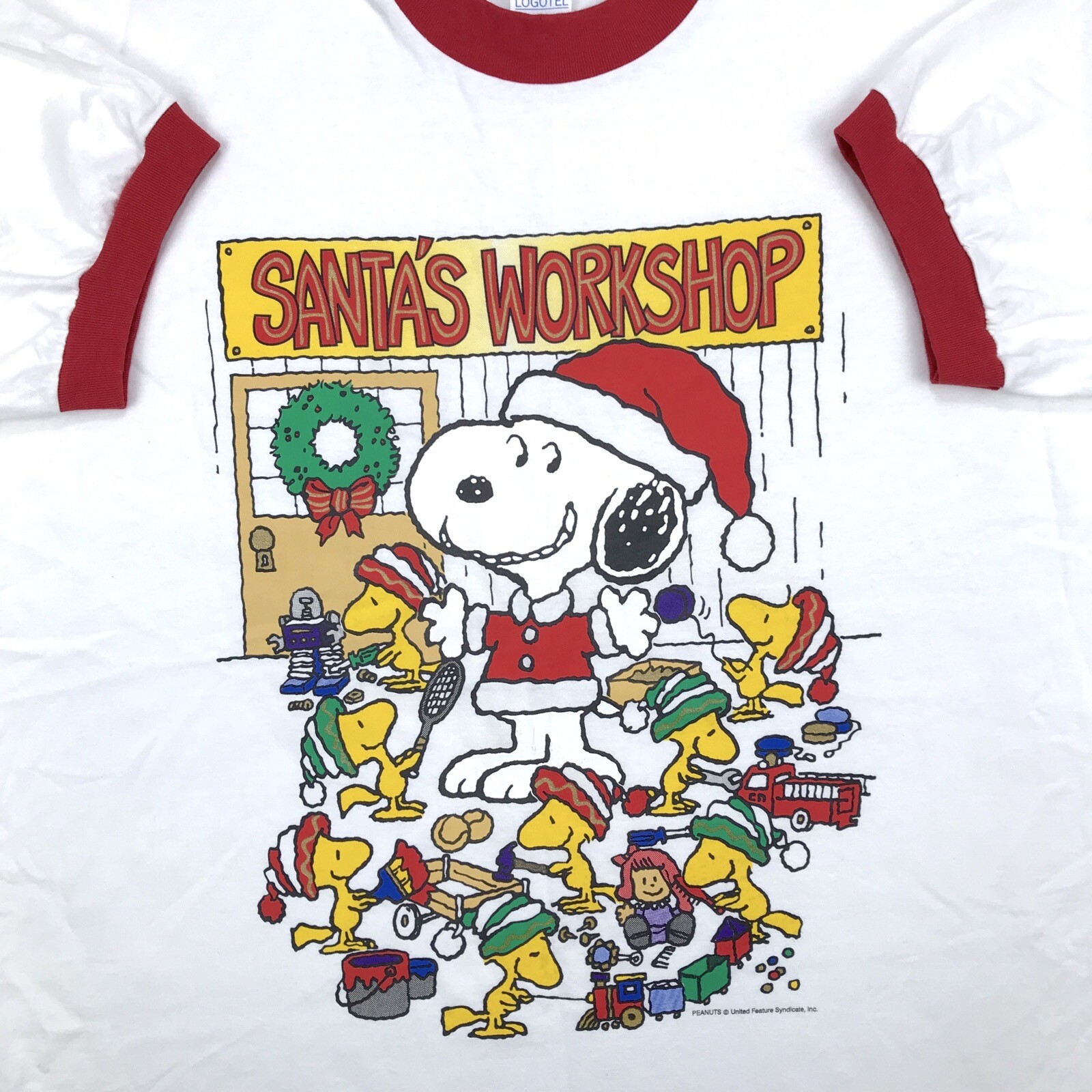 NOS vintage 90s SNOOPY SANTA\'S WORKSHOP RINGER T-Shirt XL xmas peanuts cartoon
