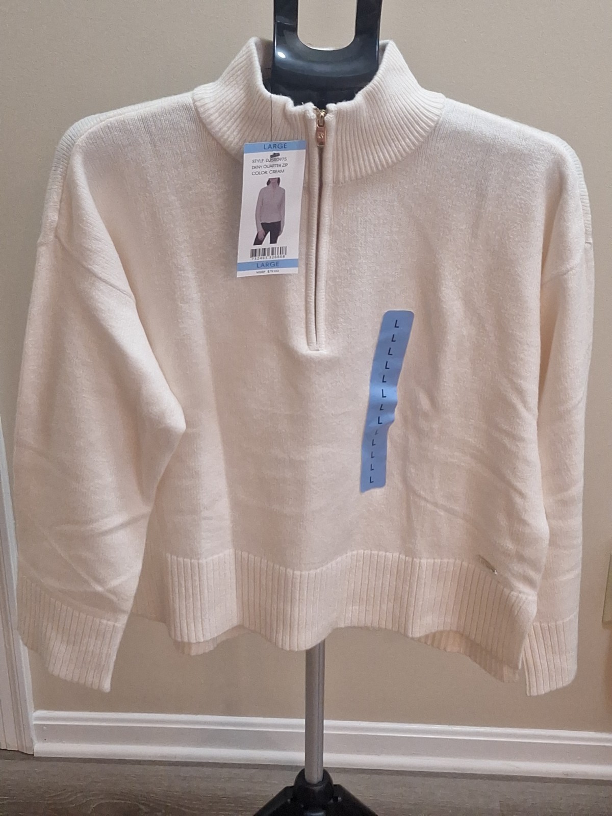 NWT DKNY Cream Quarter Zip Knit Pullover Gold Trim L Quiet Luxury