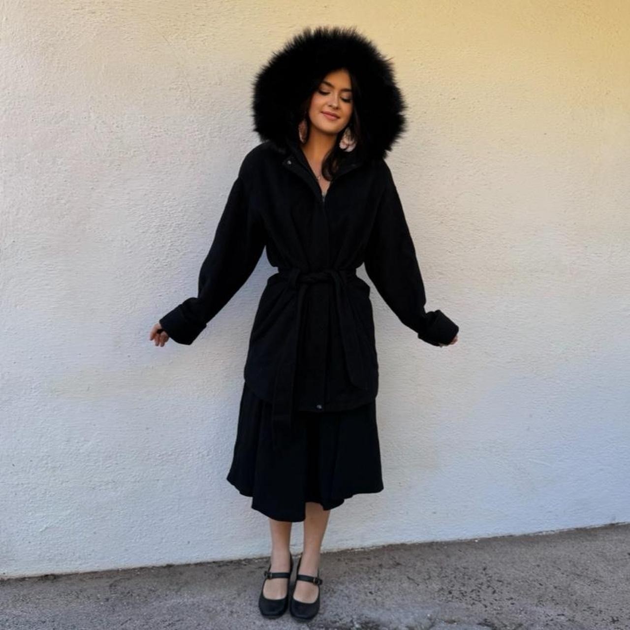 Vintage 70s Wool Jacket with Real Fox Fur Collar Black Belted Hooded Coat