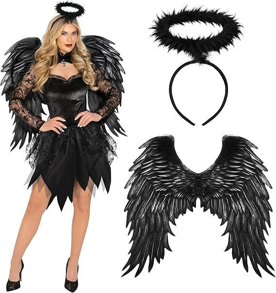 Women`s Fallen Angel Costume Adult Dark Angel Dress Black Wings Halloween S-3XL