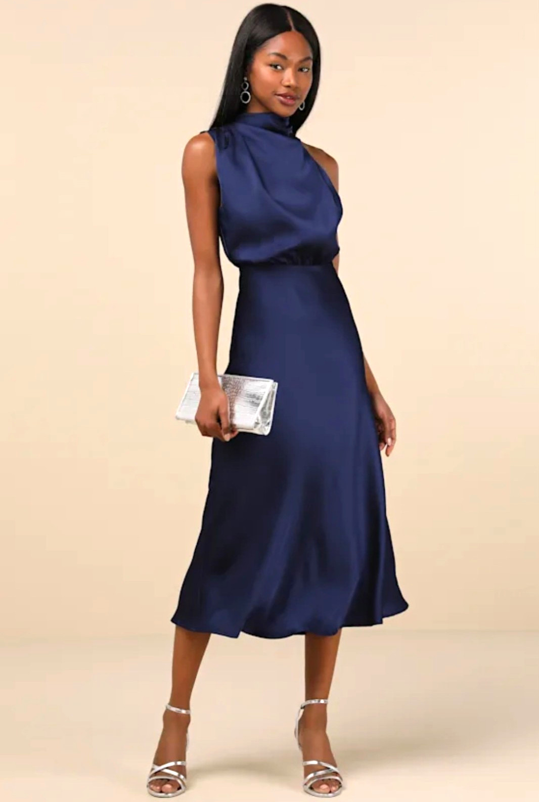 Lulus Distinctive Charm Navy Blue Satin Asymmetrical Halter Midi Dress XXS NWT