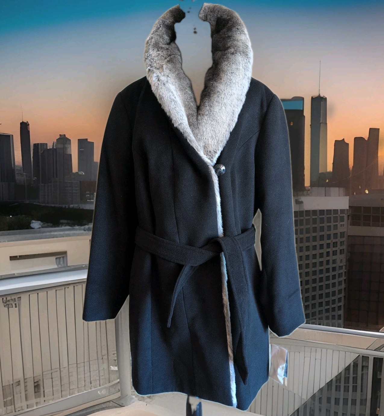 Hal Rubenstein New Women\'s Faux Fur Collar Belt Black Coat w/ Garment Bag, Sz 1X