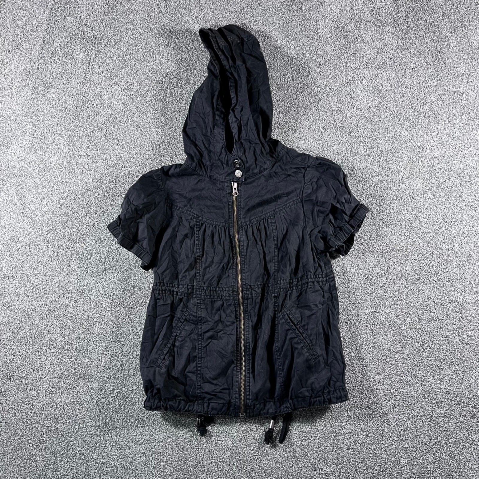 Tildon Womens Medium Black Short Sleeve Hooded Zip Jacket Utility Cinched Waist