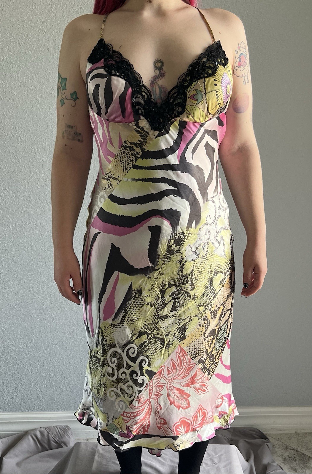 Vtg Roberto Cavalli Style Silk Slip Dress 6 Y2K Animal Print McBling Mob Wife