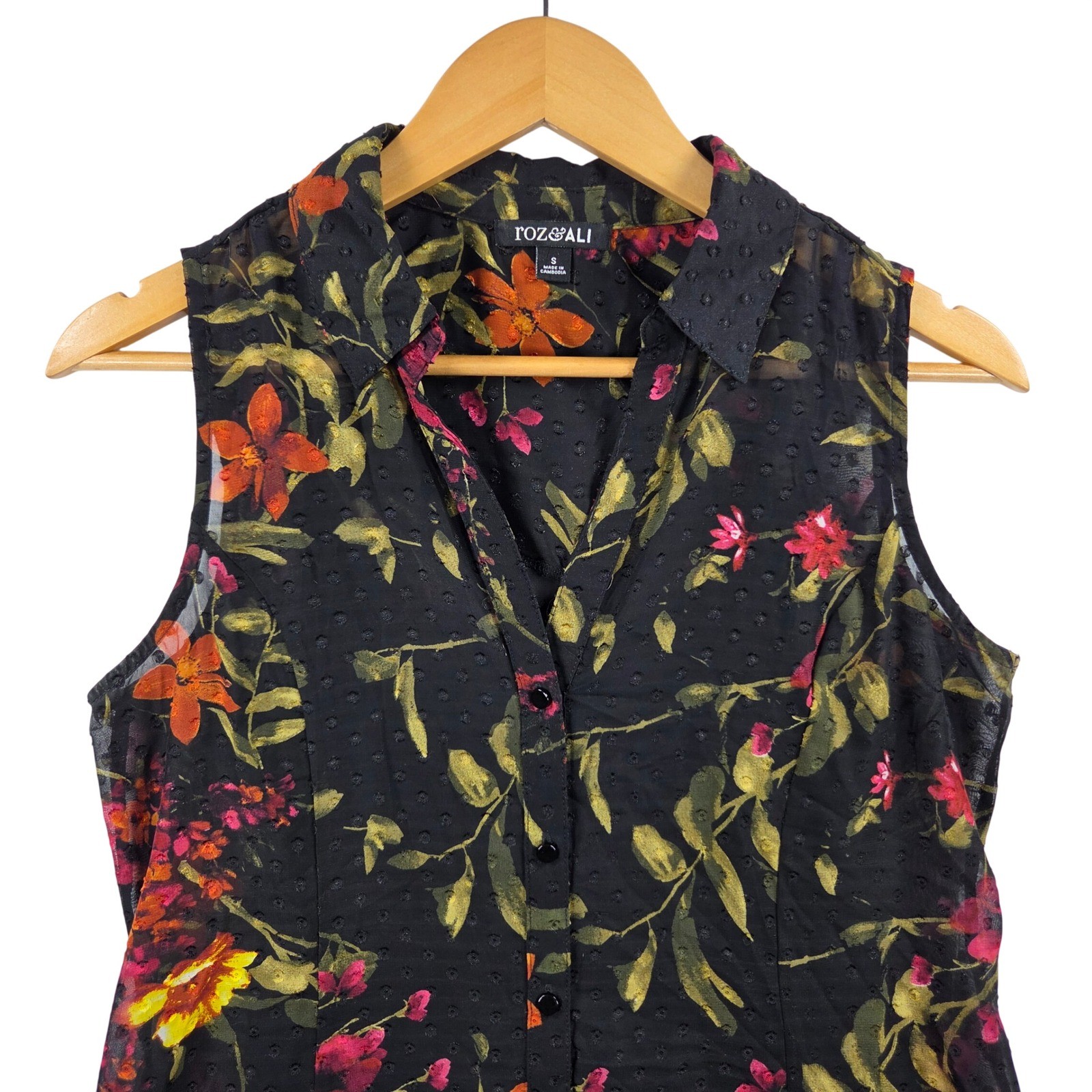 Women Small Black Floral Sleeveless Button Front Tunic Dark Romantic Whimsigoth