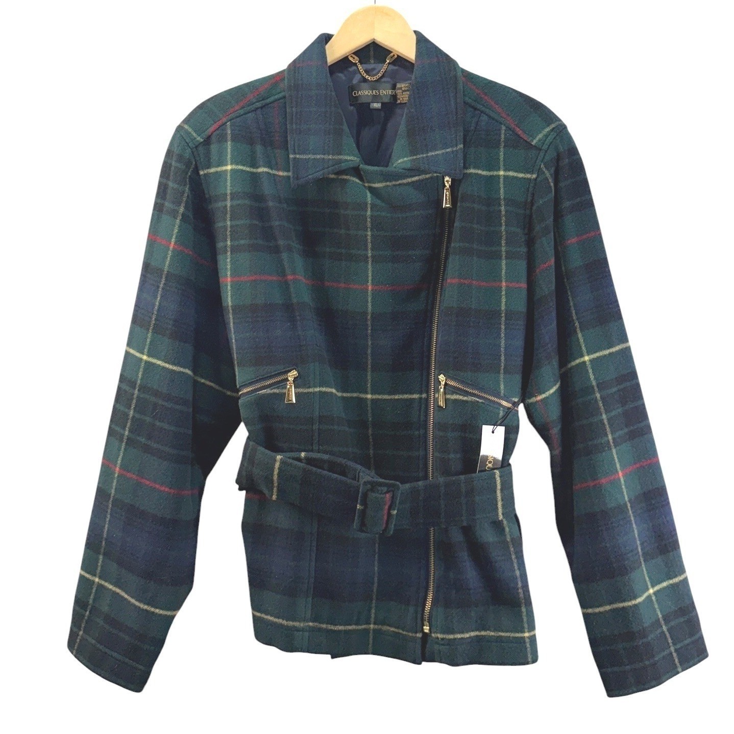 Vtg Classiques Entier Moto Wool Blend Lined Jacket XL Green Plaid Belt Deadstock