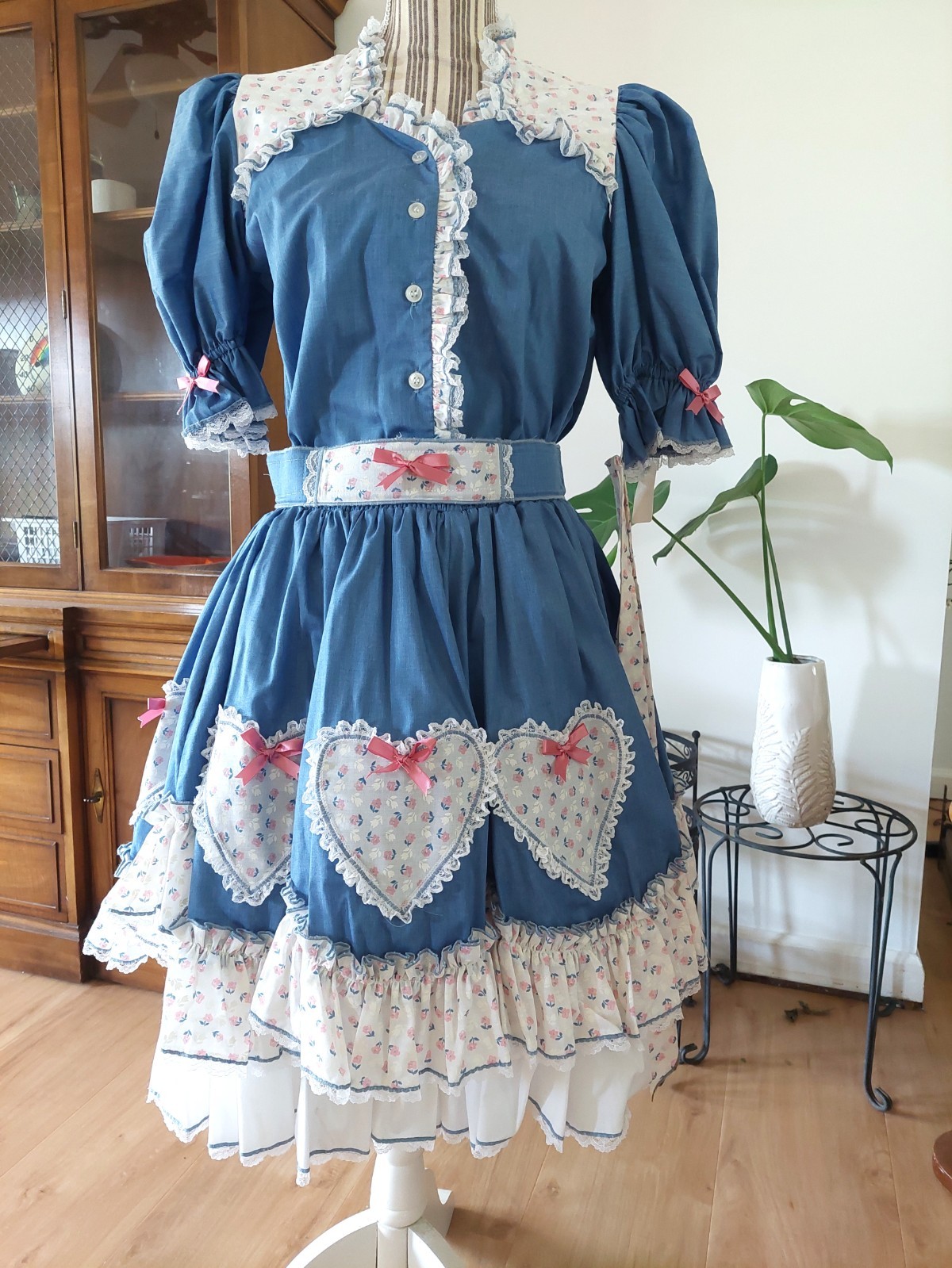 Square Dance Outfit Pink Hearts Blue Skirt Cottage Core Blouse 4 Pcs New
