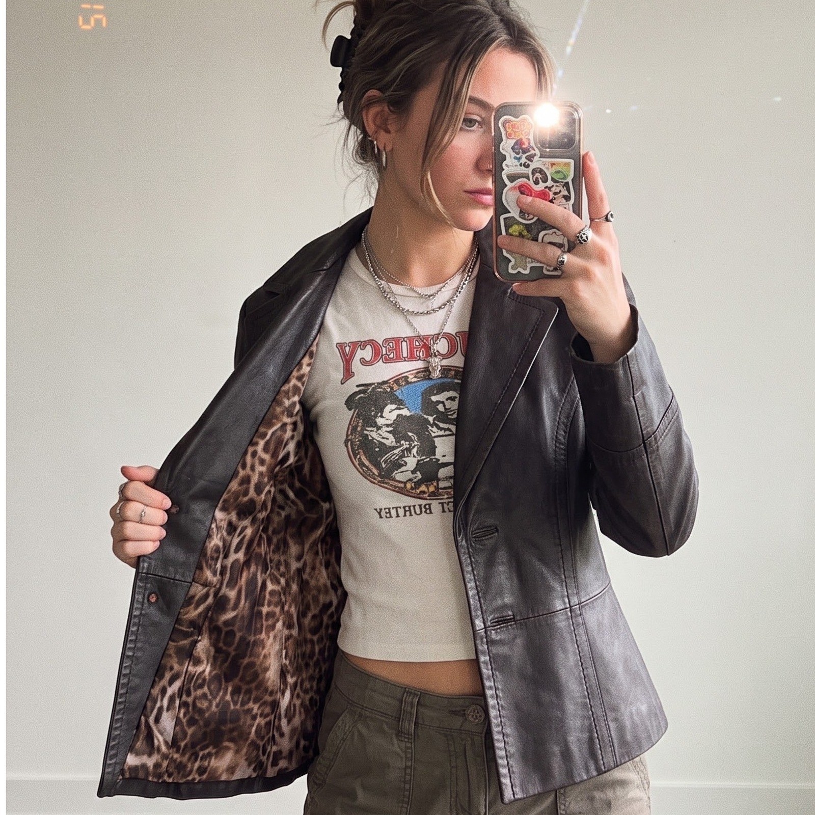 Classiques Entier Dark Brown Vintage Leather Blazer Leopard Lining Pick Stitch M