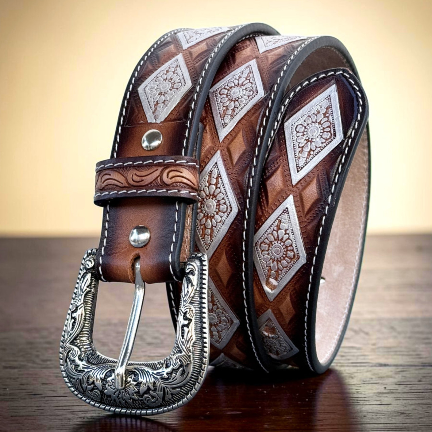 Men\'s Handmade Full Grain Leather Western Belt Interchangeable Buckle 1.5\