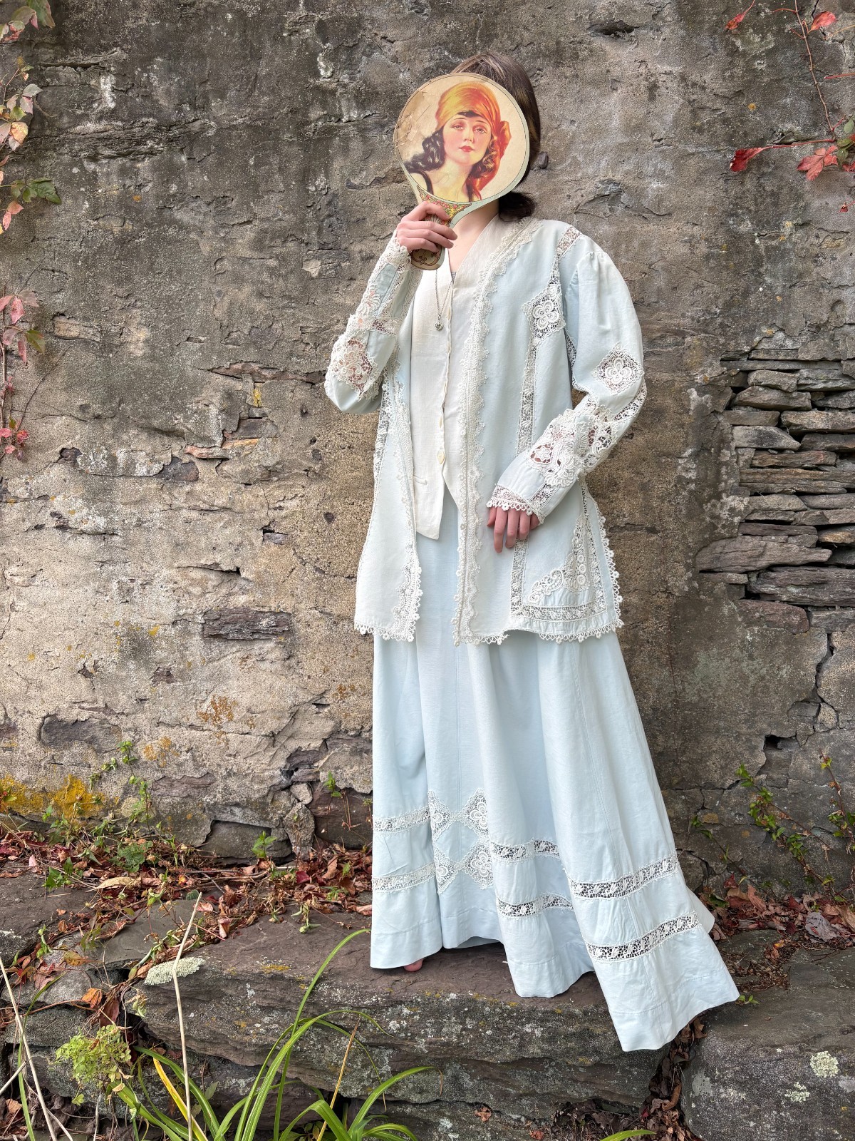 Antique VTG 1900s Edwardian Pale Blue Cotton Skirt Jacket Walking Dress Suit XS