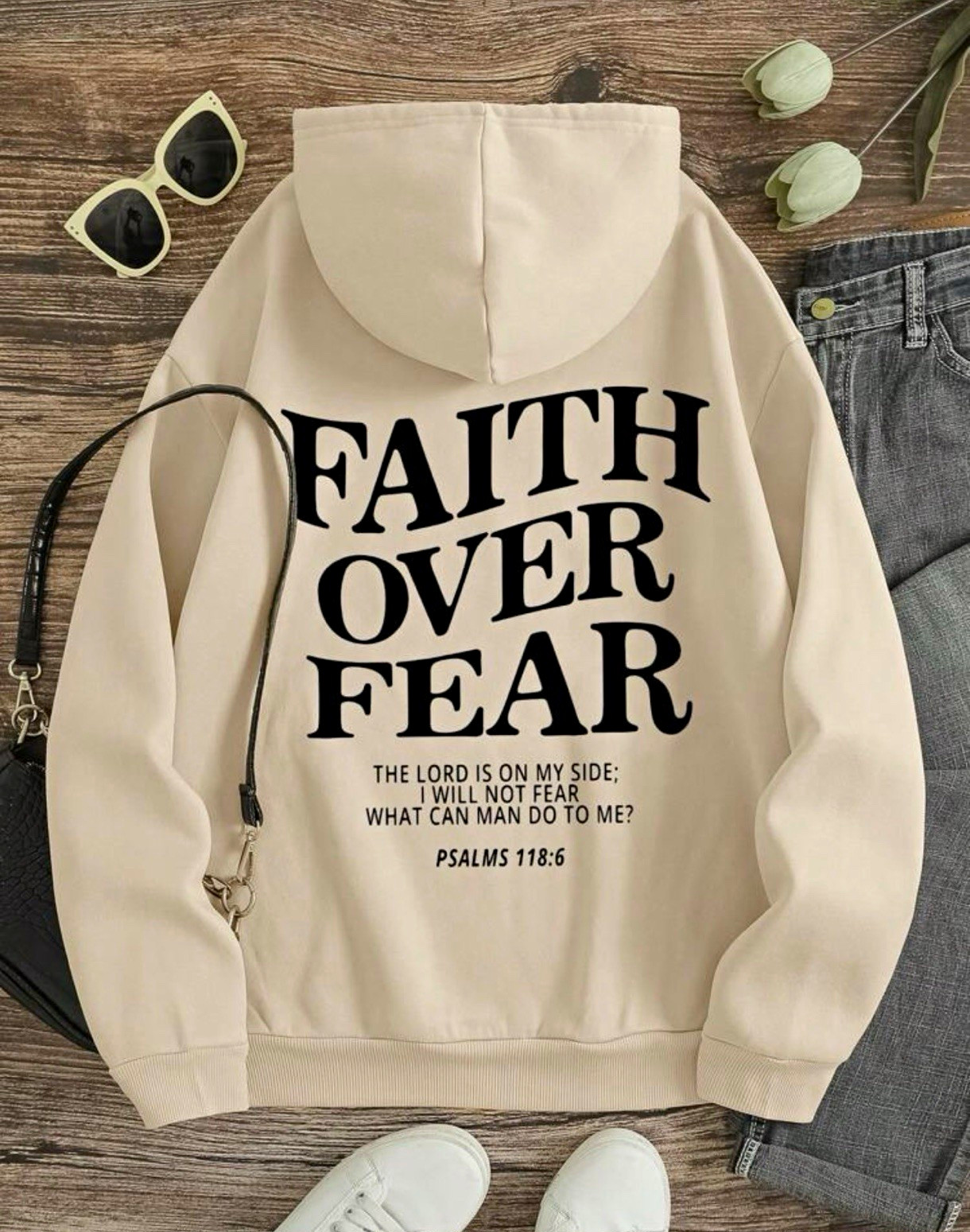 Men\'s Beige Faith Over Fear Psalm 118:6 Fleece Pullover Hoodie L Pockets