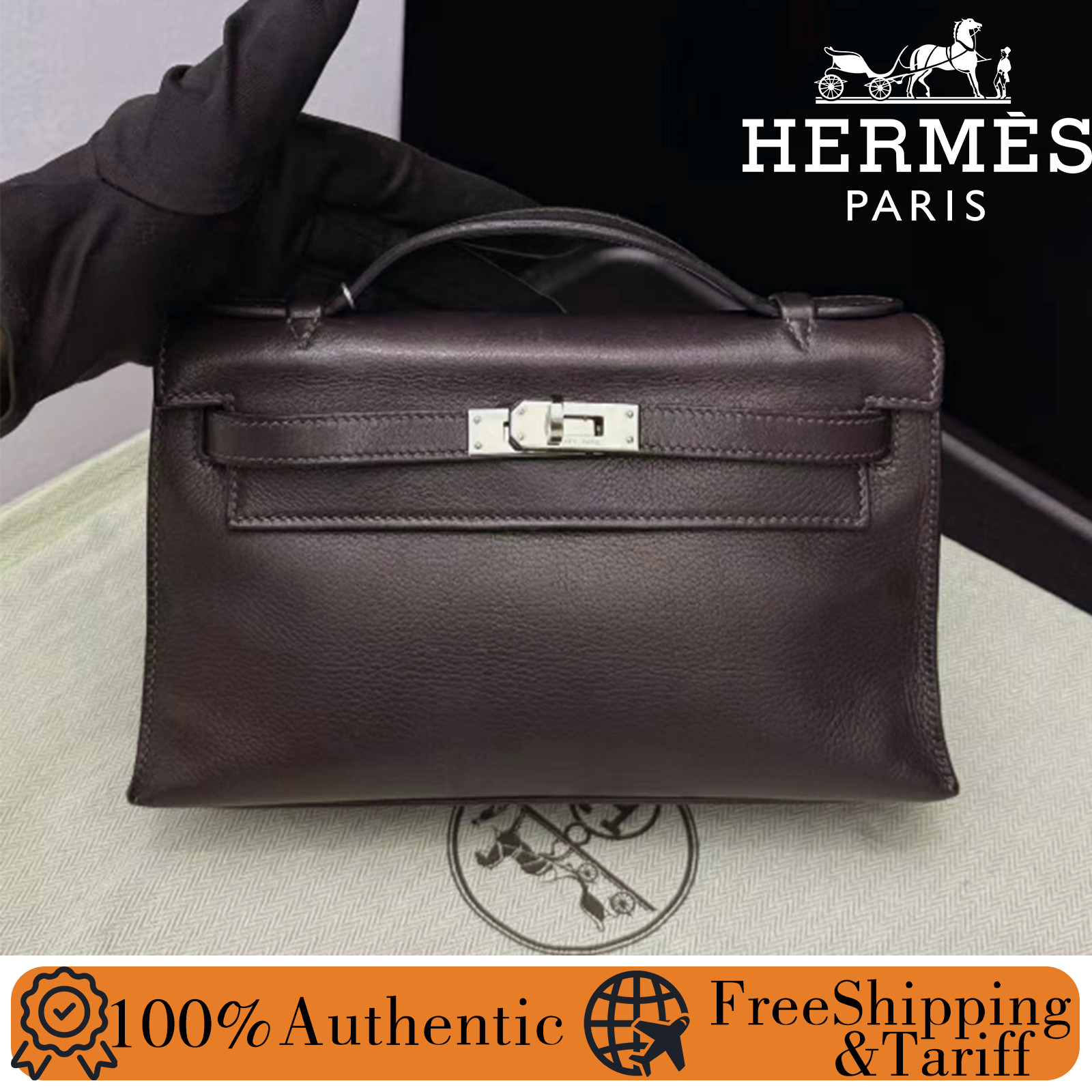 AUTH Hermes Kelly Pochette Eben Evergrain Leather PHW Clutch Handbag