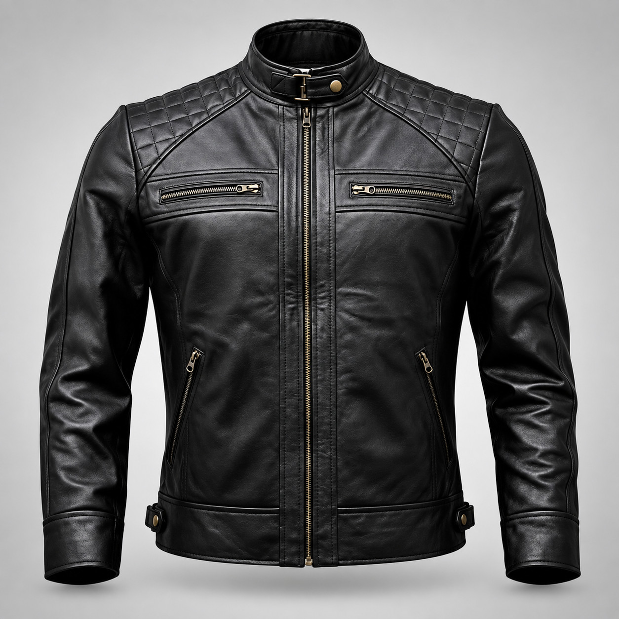 Men\'s Genuine Lambskin Leather Jacket Black Brown Cafe Racer Motorcycle Biker