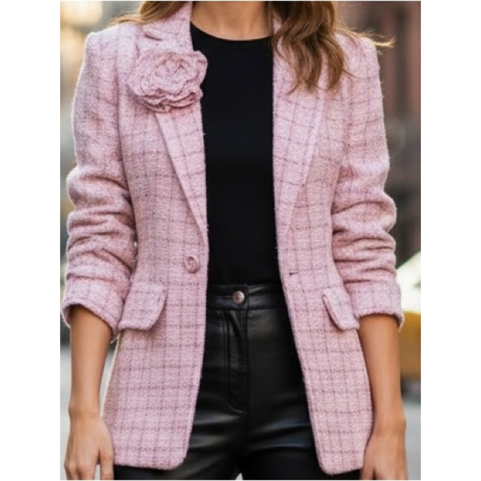 Cinq à Sept Pink Boucle Tweed Rosette Blazer Raw Edge Trim | Size 8