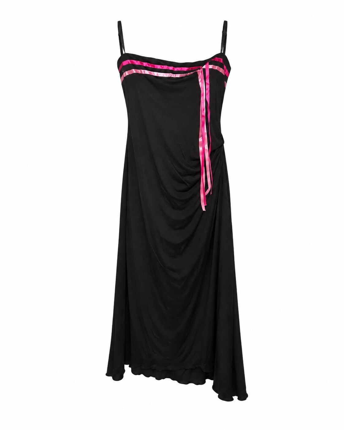 Vintage Byer Too Black Dress Pink Satin Ribbon Trim Made USA M Preloved