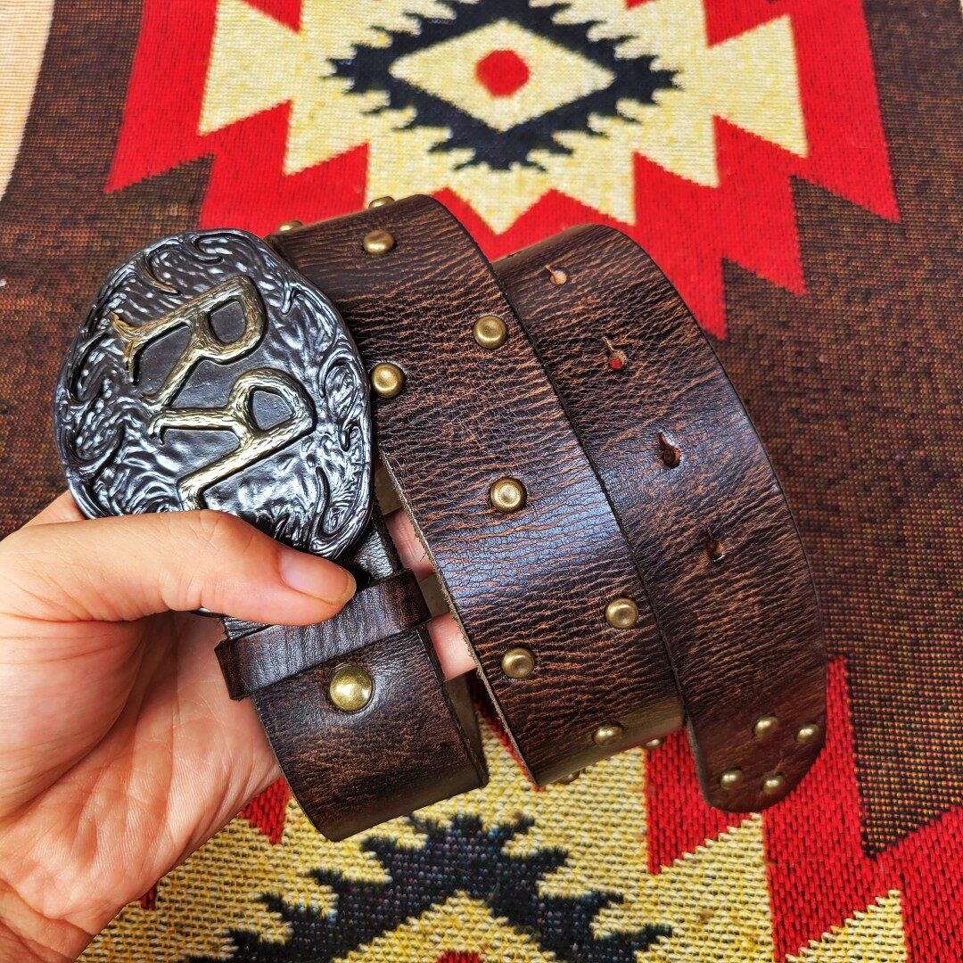 RRL Double RL Vintage Western Brown Leather Belt with logo Buckle Size 34