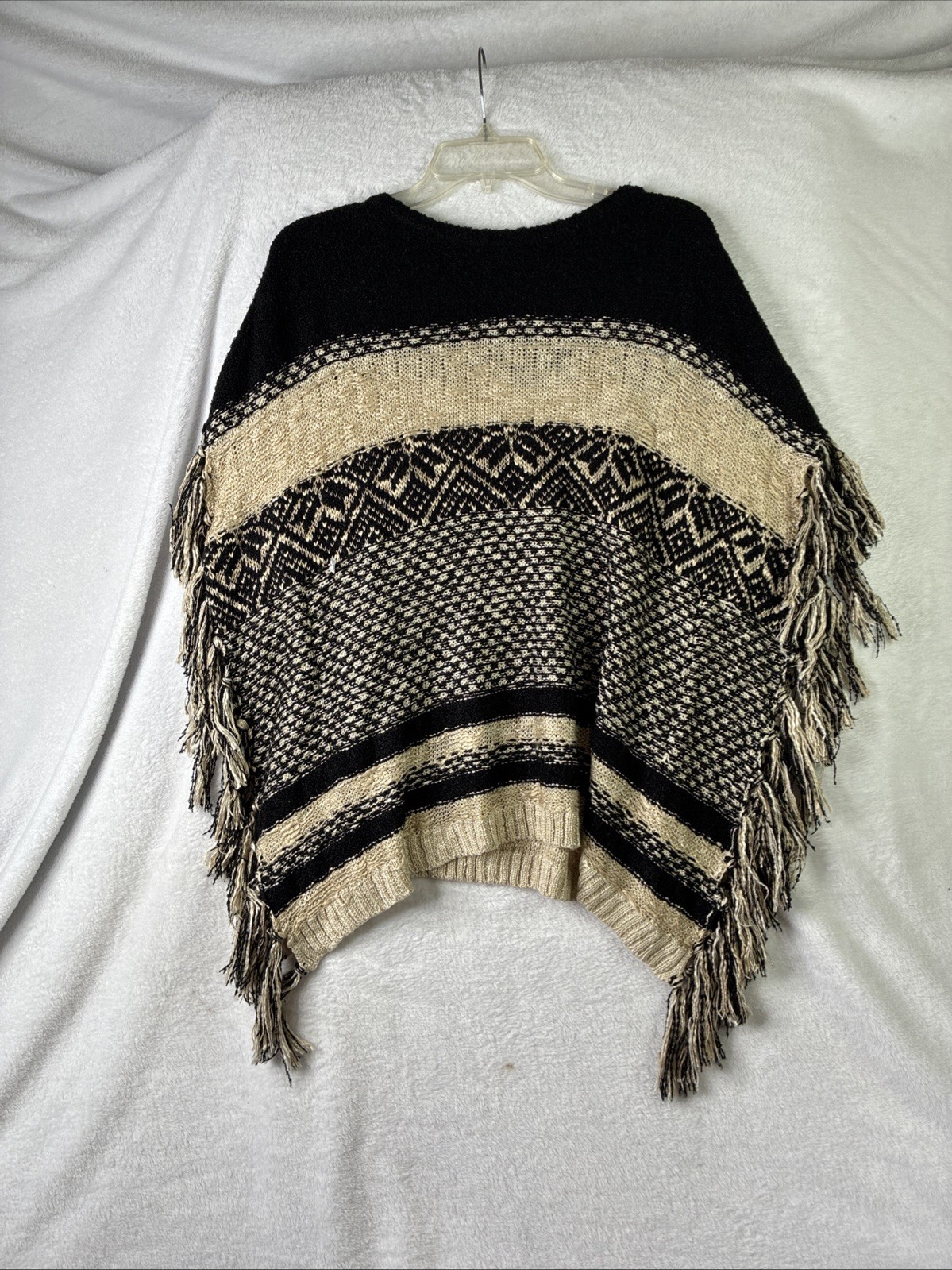 New Directions Womens M Black Tan Geometric Knit Sweater Fringe Boho Metallic