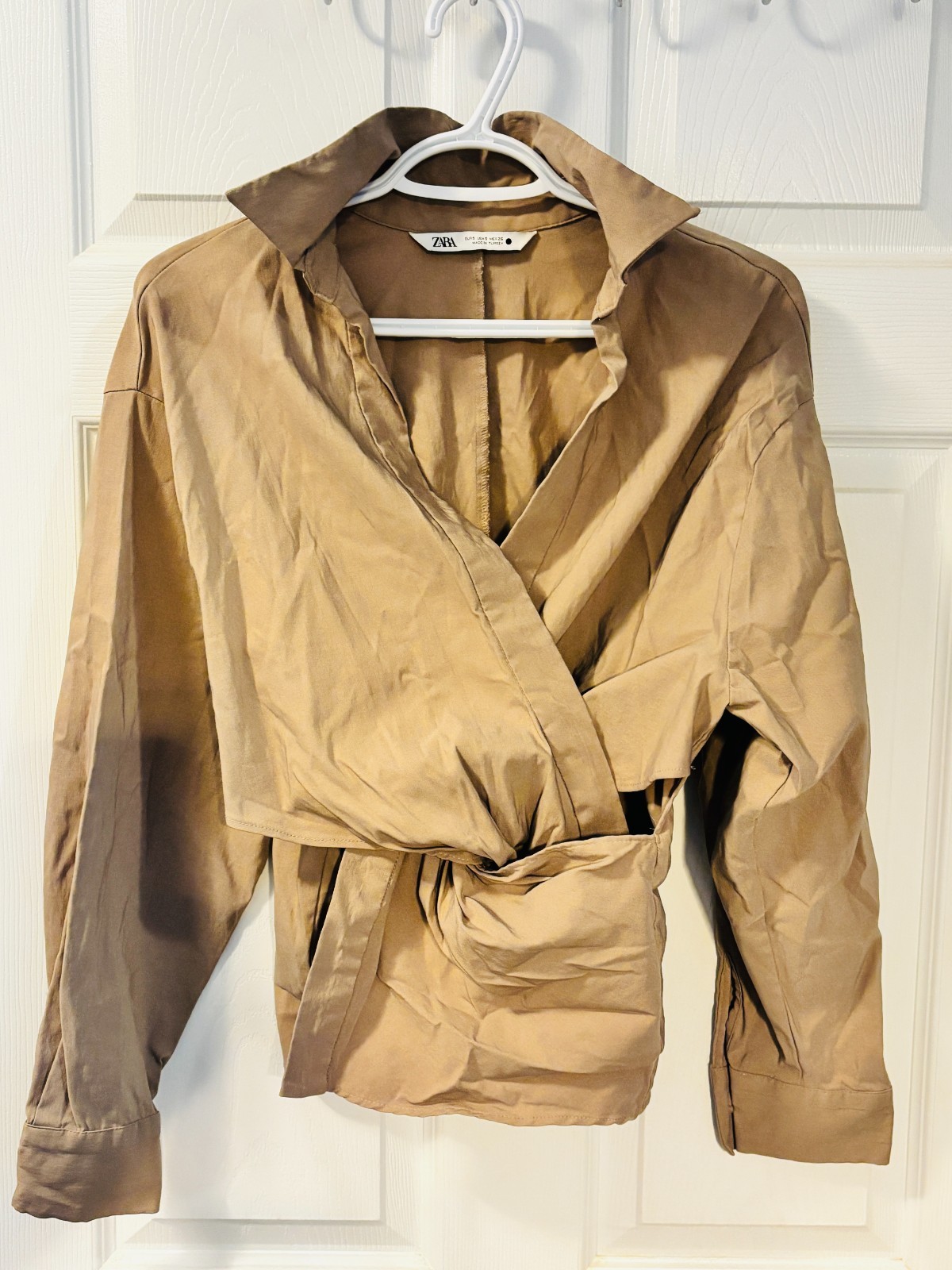 ZARA Women\'s Satin Look Wrap Blouse Size S Tan Beige Twist Front Long Sleeve Top