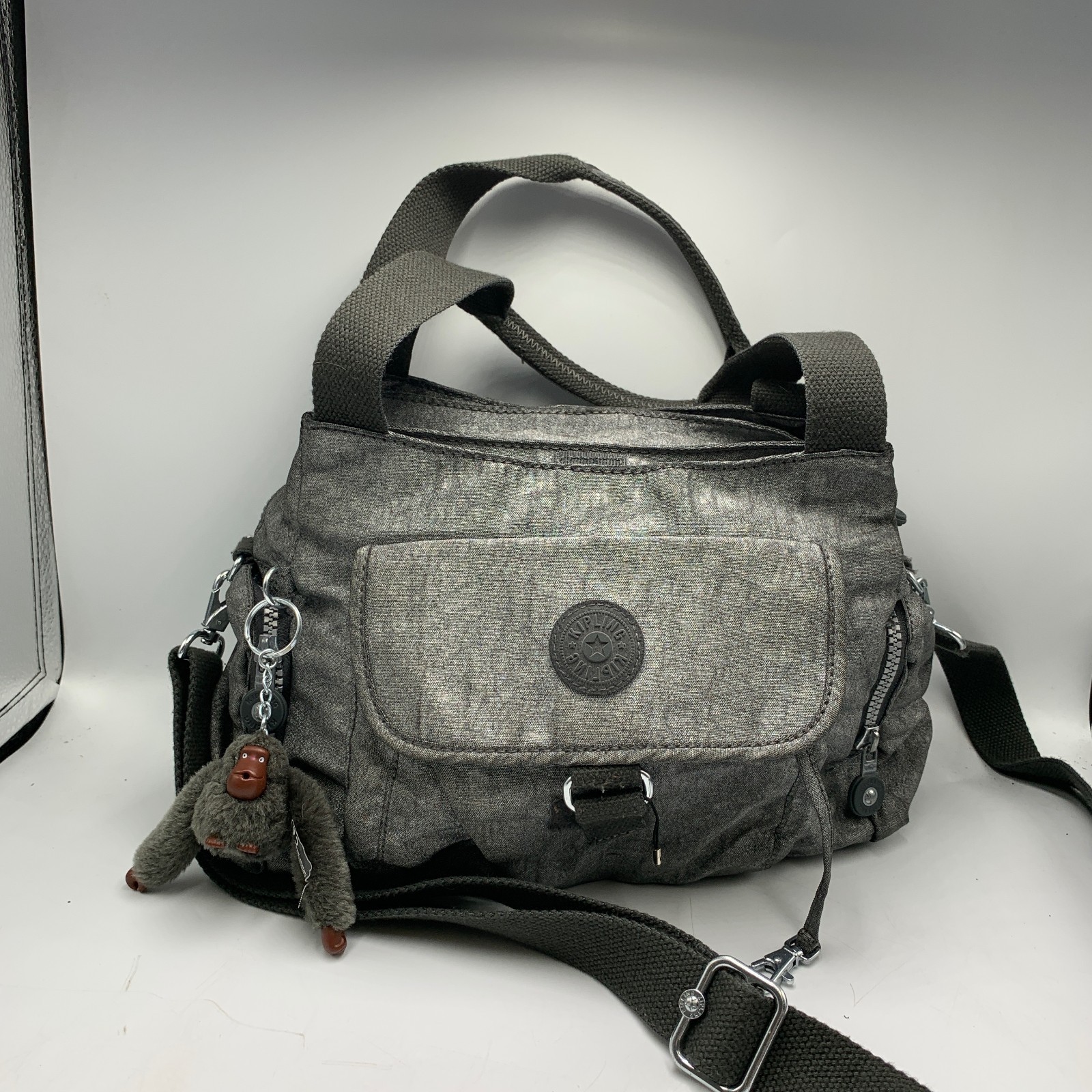 Kipling Felix Shoulder Bag Women Gray Monkey Keychain Adjustable Crossbody Strap