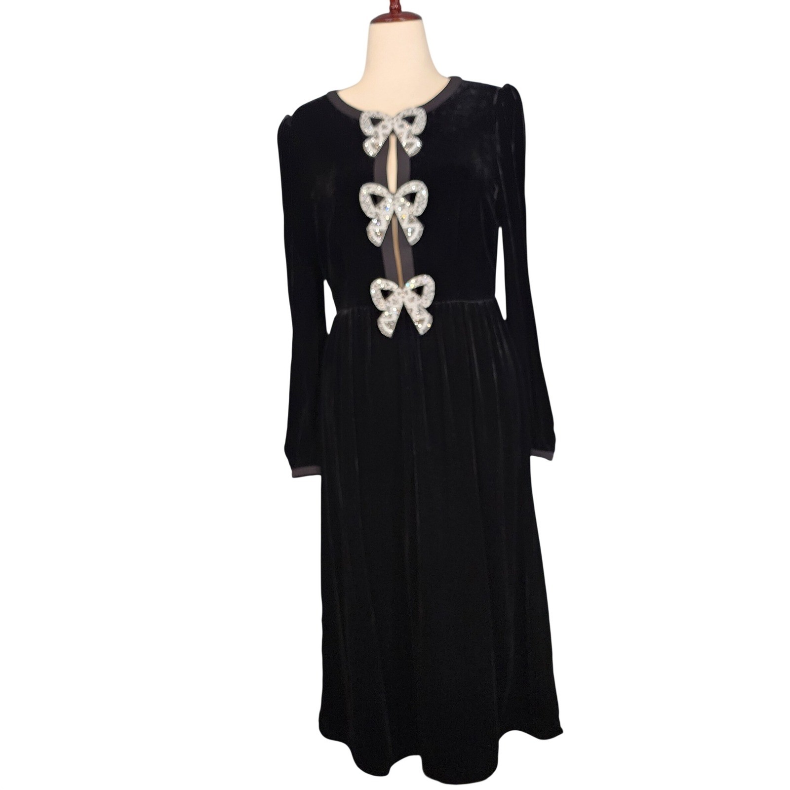 Saloni Velvet Midi Dress Women Black Embellished Bow Camille Cocktail Party