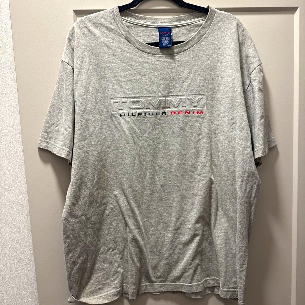 Tommy Jeans Men’s Gray Solid Crew Neck Logo Short Sleeve T-Shirt Cotton Blend L