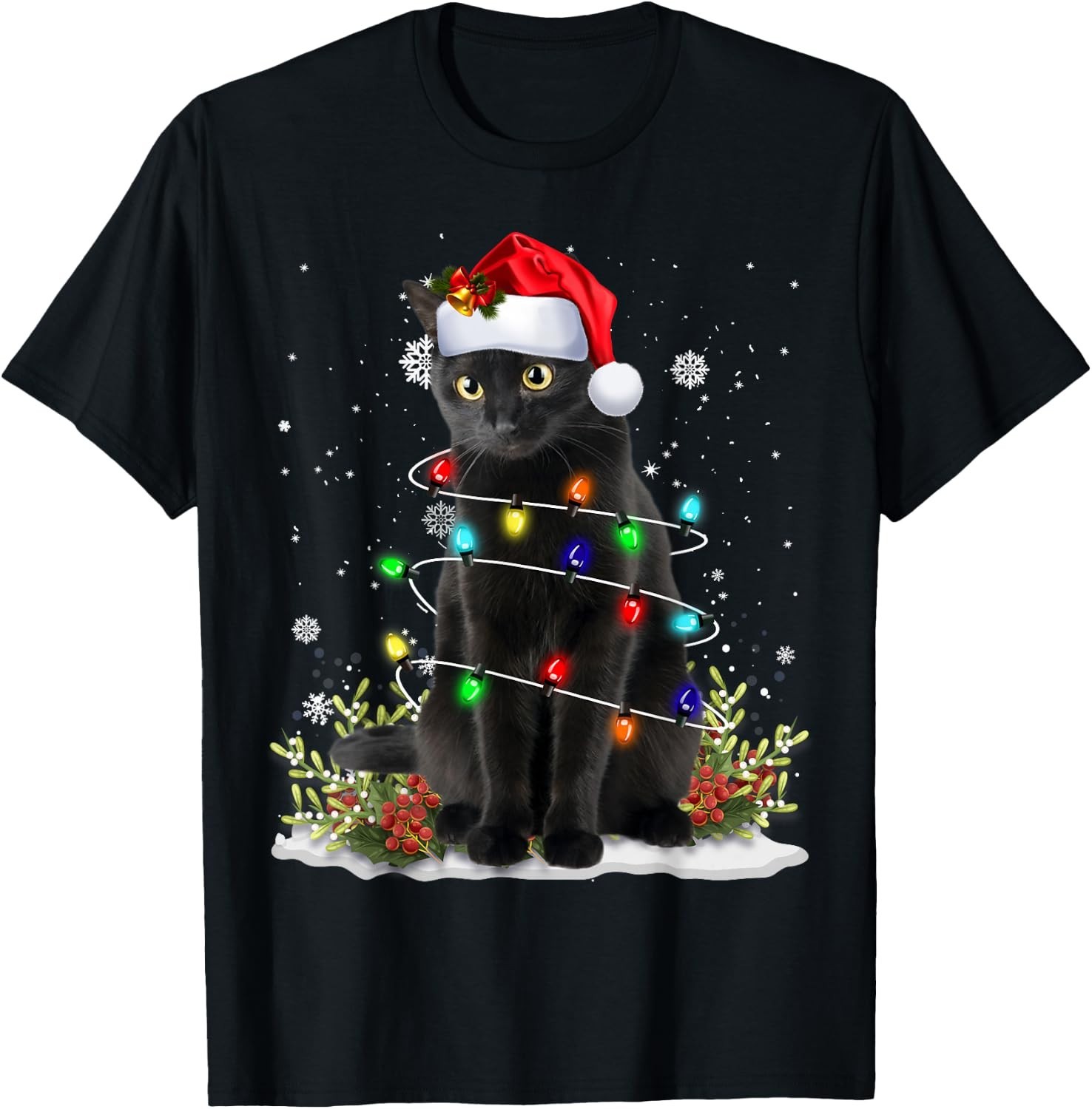 Black Cat Christmas Santa Hat Funny Meowy Cats Women Men T-Shirt