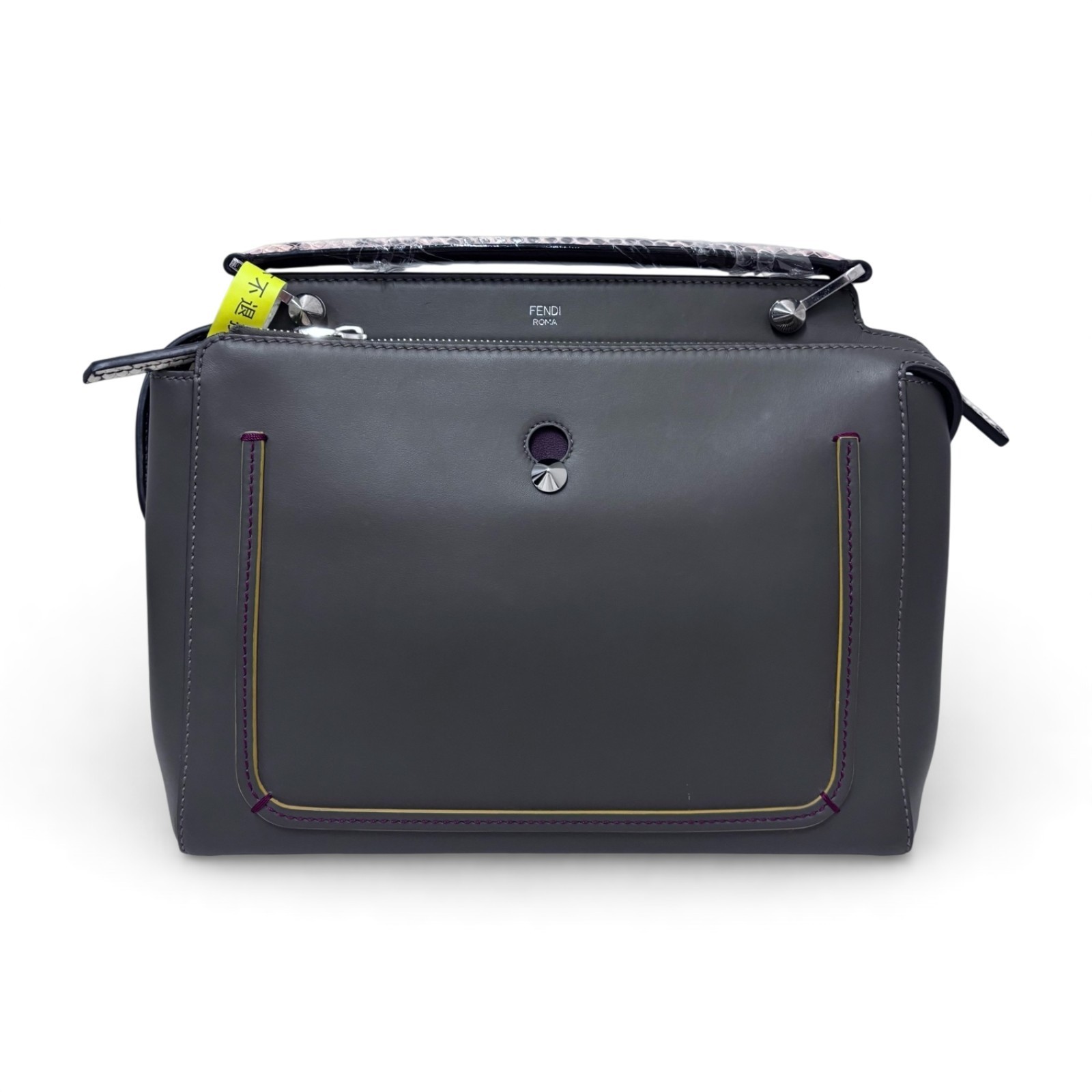 Pre-owned Fendi Dotcom Grey Leather Top Handle Bag Contrast Color Stitching
