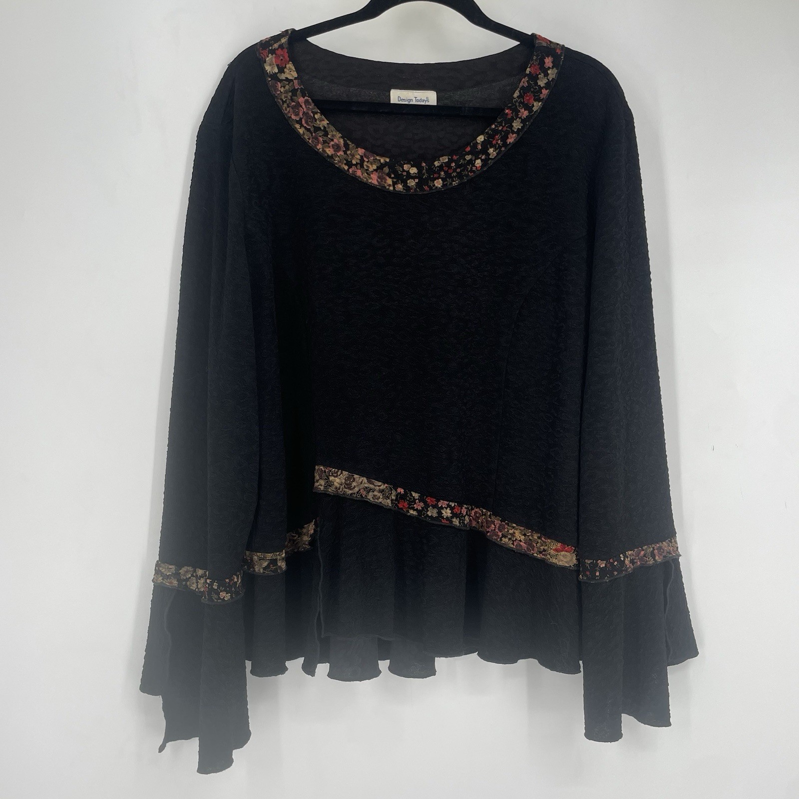 Vintage 90s Design Todays Black Sheer Angel Sleeve Floral Top Whimsigoth Witchy
