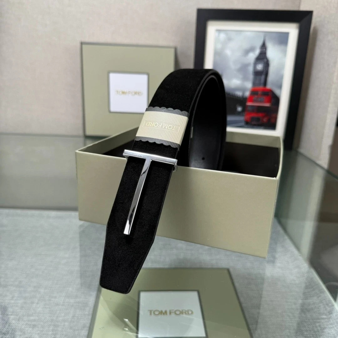 Tom Ford Men\'s Black Suede Leather Belt 38mm Silver T Buckle New