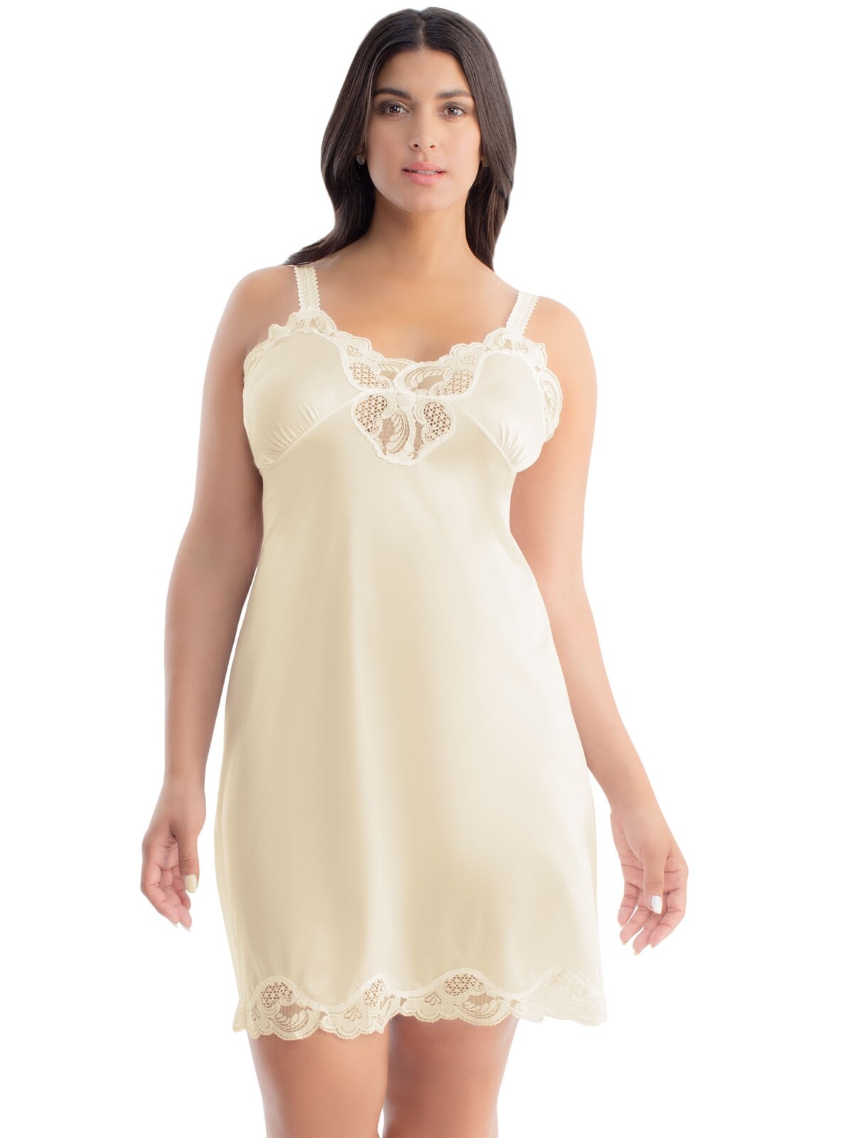 Illusion Women\'s Nylon Full Slip With Lace Trim Adjustable Straps Plus Size 1112