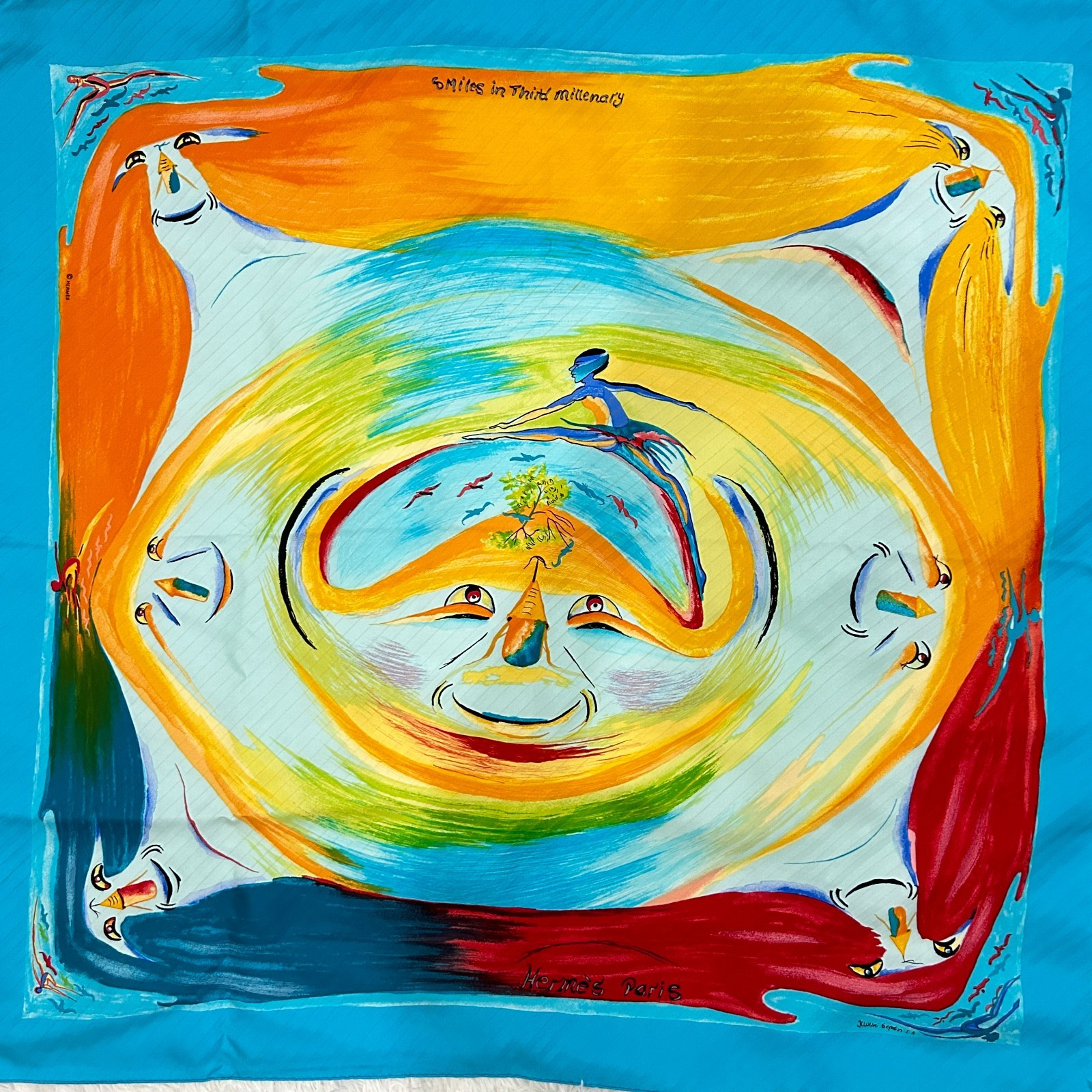 Hermès Carré 90 “Smiles in the Third Millenary” Silk Scarf – Multicolor / Yellow